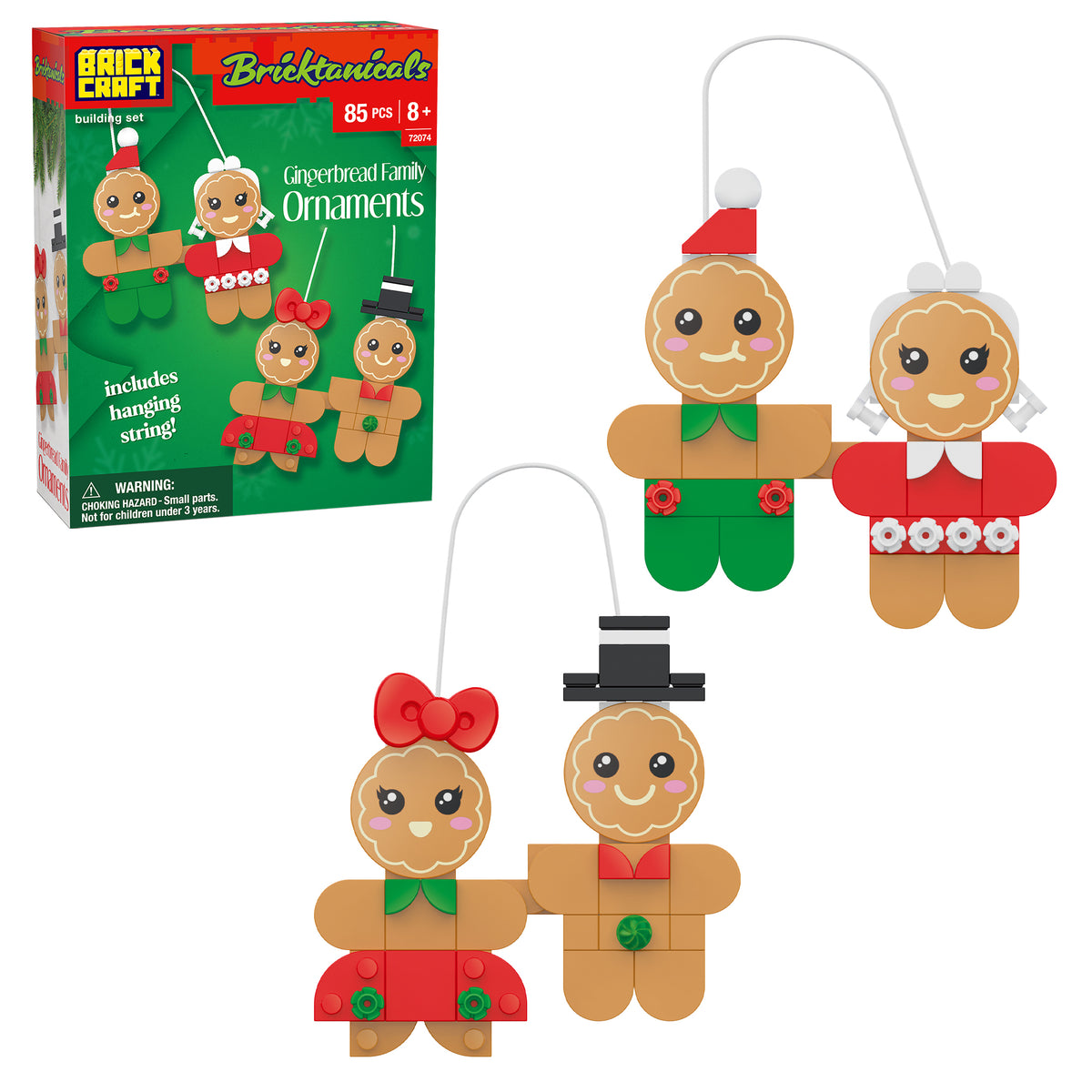Gingerbread family ornaments with packaging on a white background