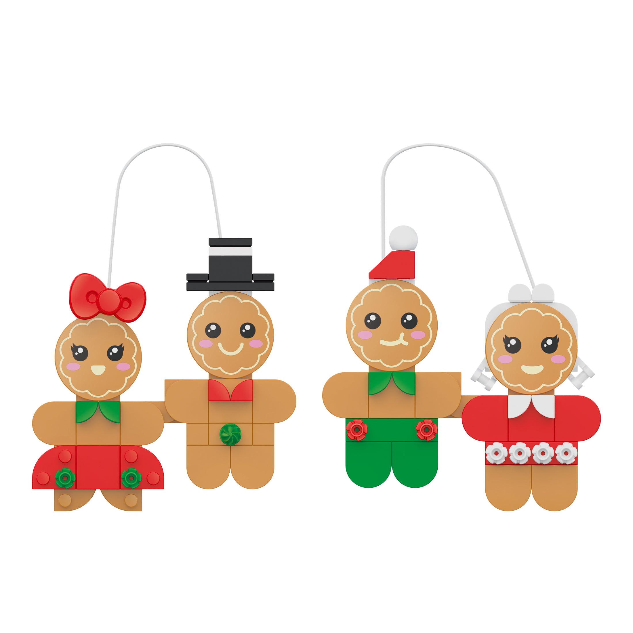 Set of four gingerbread ornament figures with decorative clothing on a white background