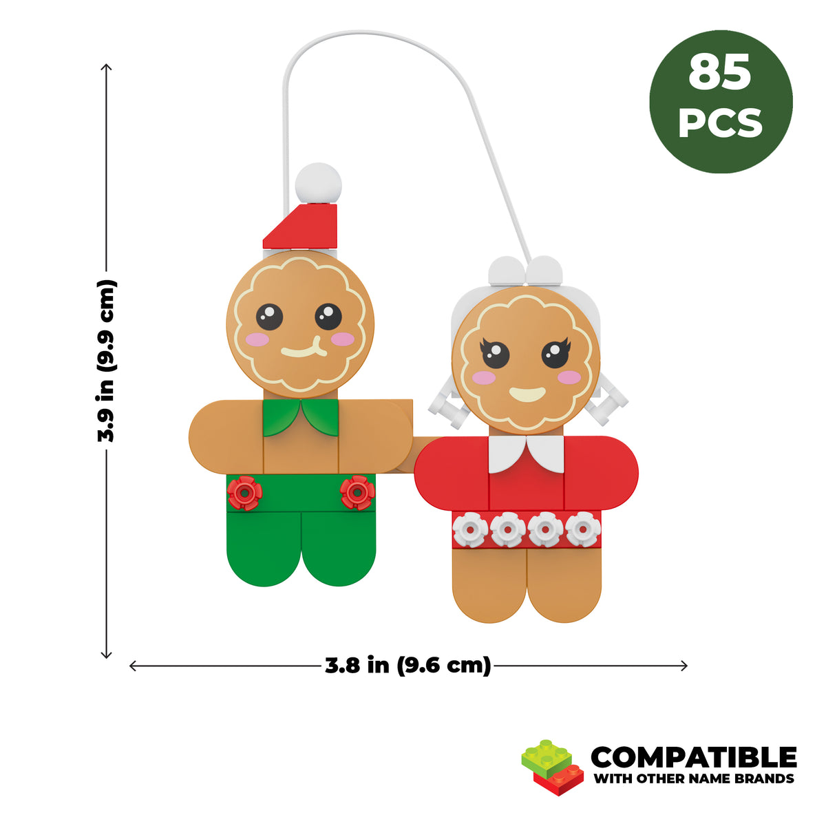 Gingerbread man and woman ornaments with dimensions and compatibility information on a white background