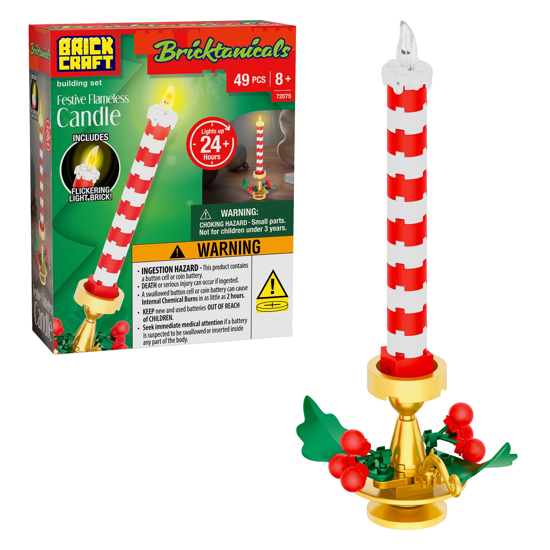 Brick Craft festive flameless candle building set with packaging on a white background