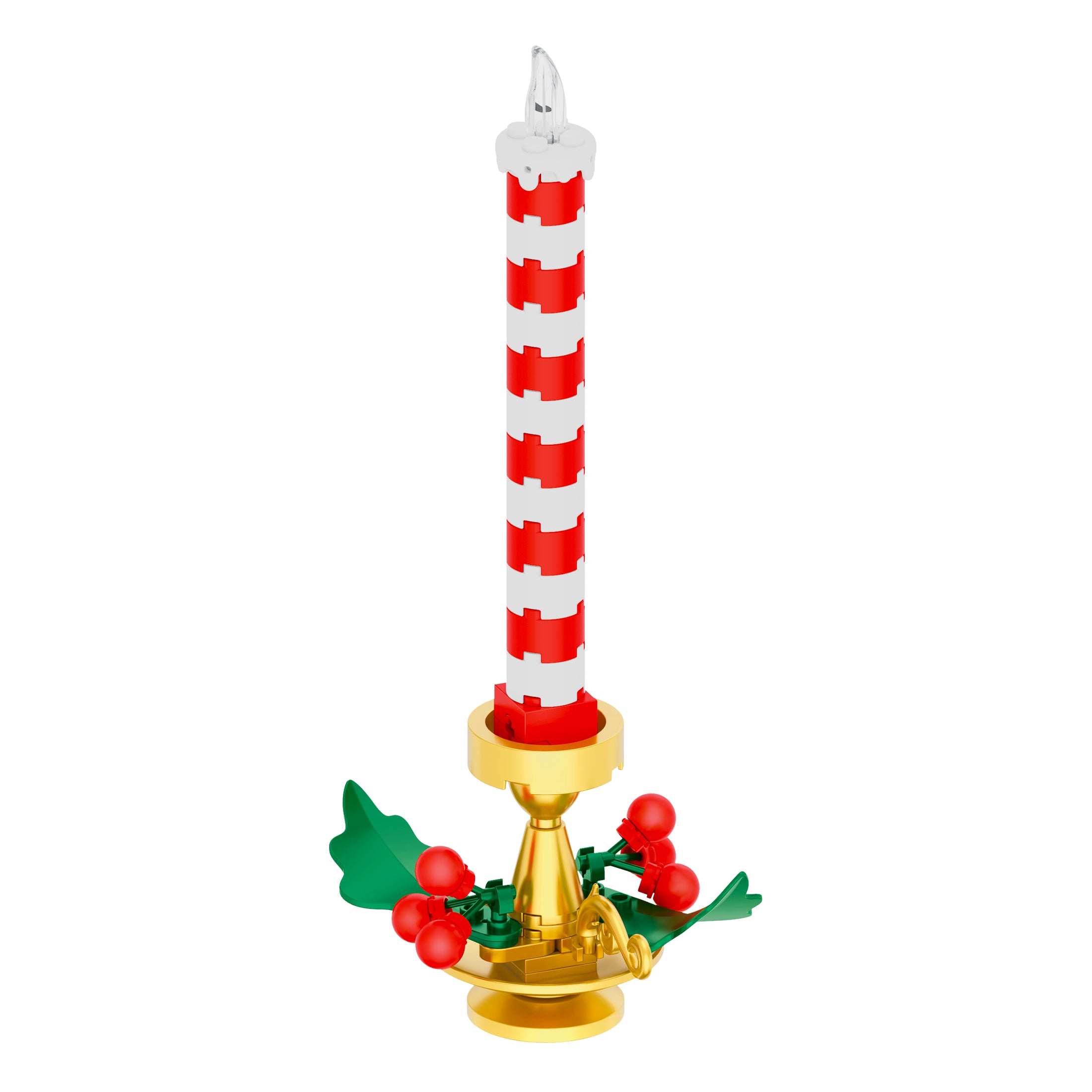 Decorative candle with red and white stripes and gold base on a white background