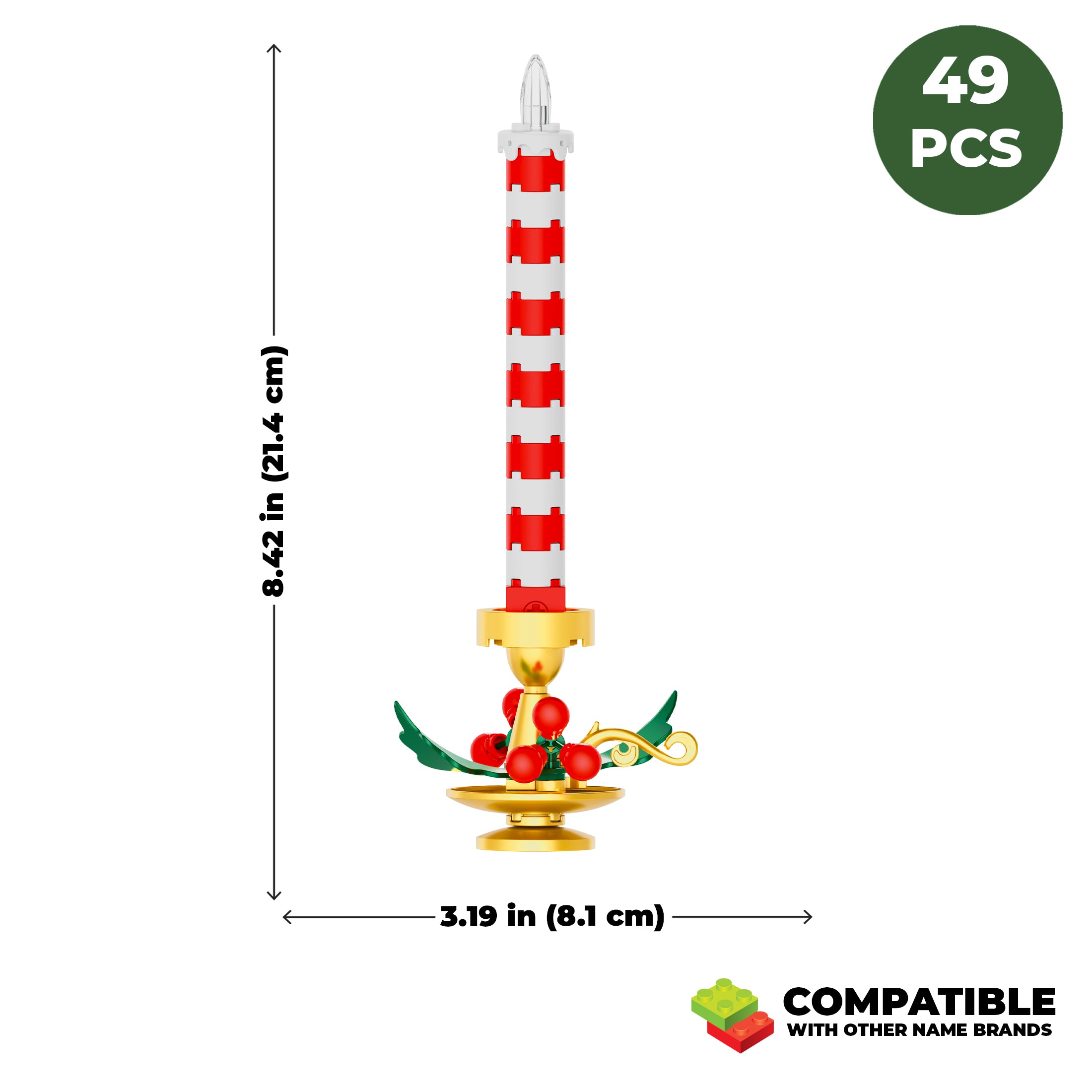 Decorative candle with dimensions and compatibility information on a white background