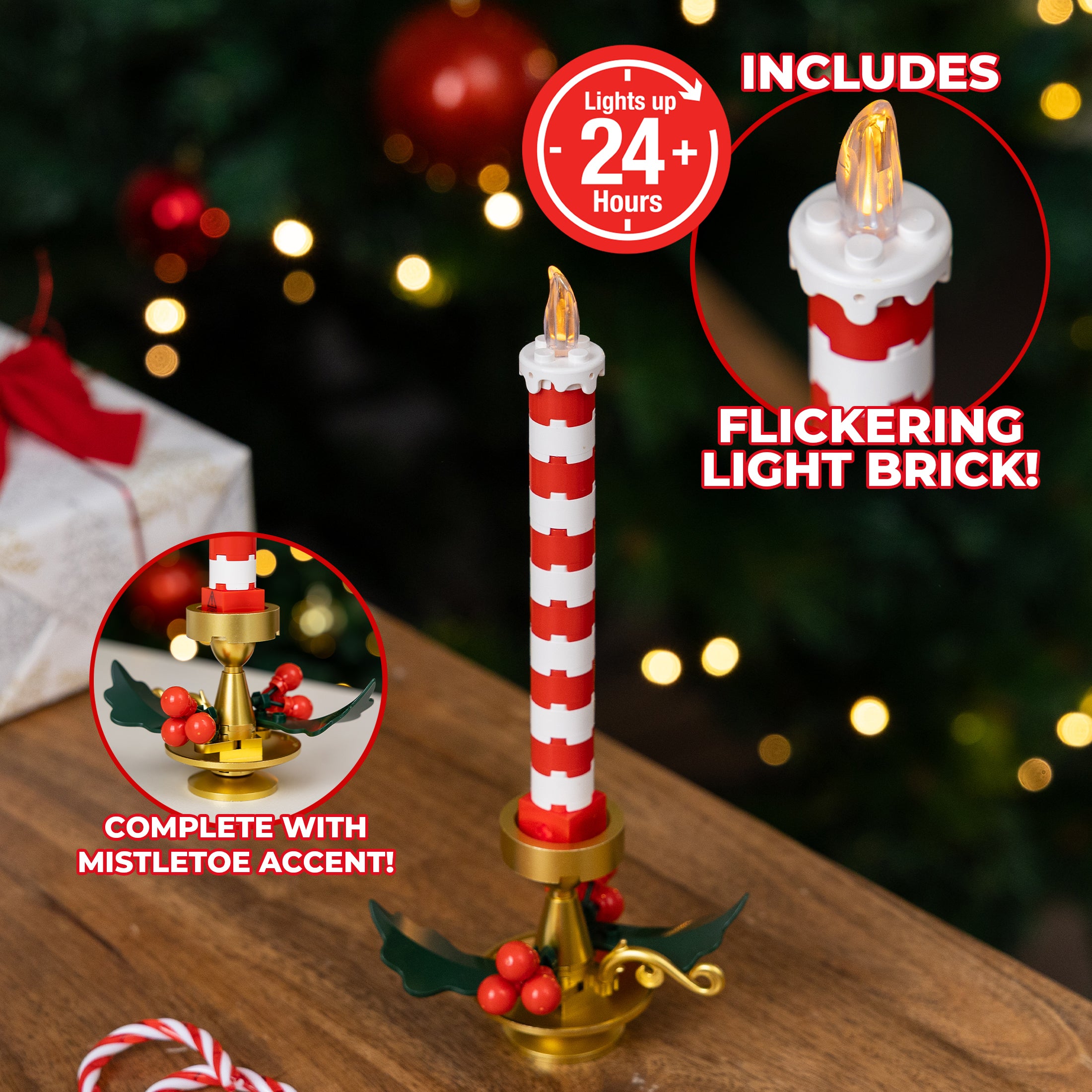 Decorative candle with red and white stripes on a wooden surface, surrounded by Christmas decorations.