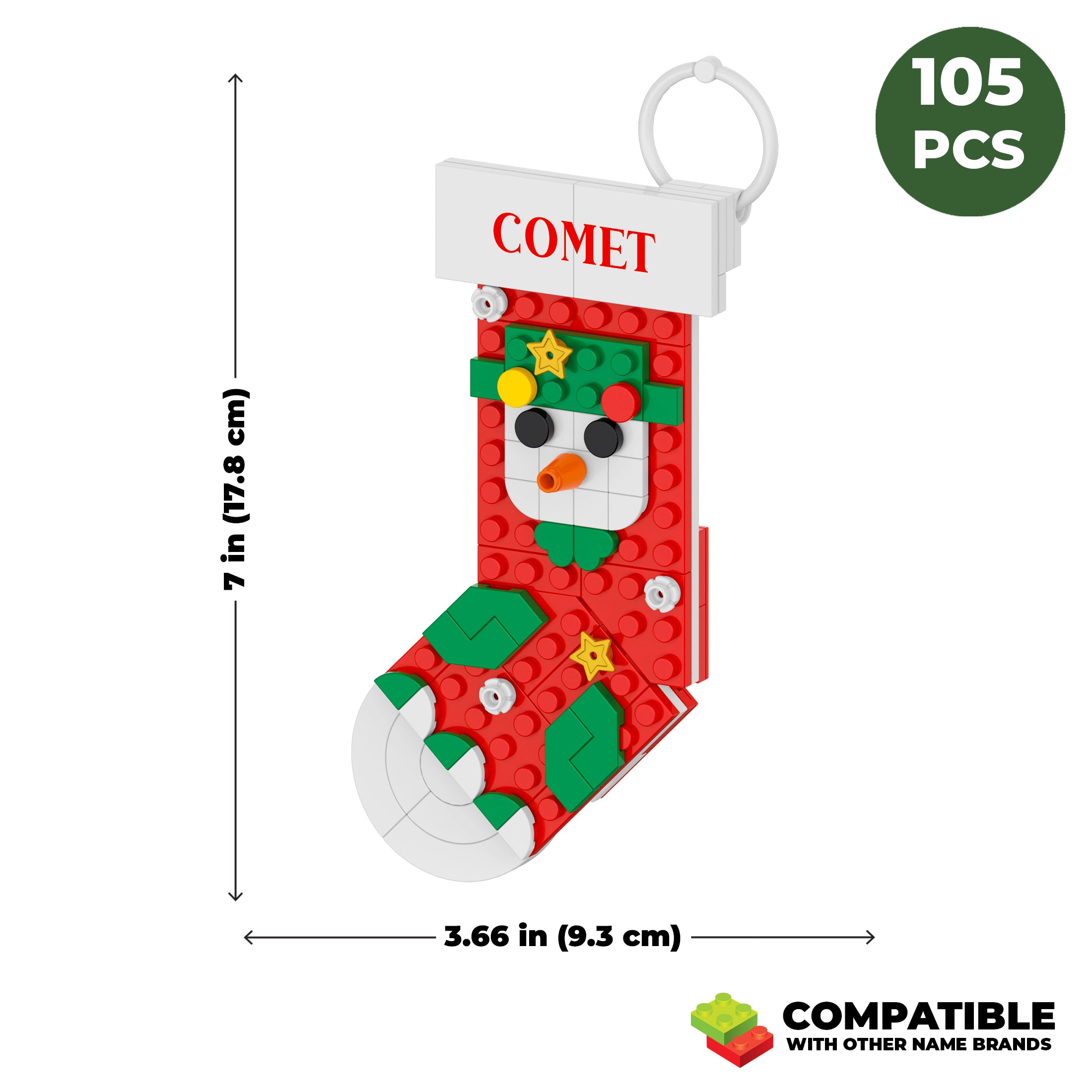 Christmas stocking with snowman design, compatible with building blocks, showing dimensions and piece count.