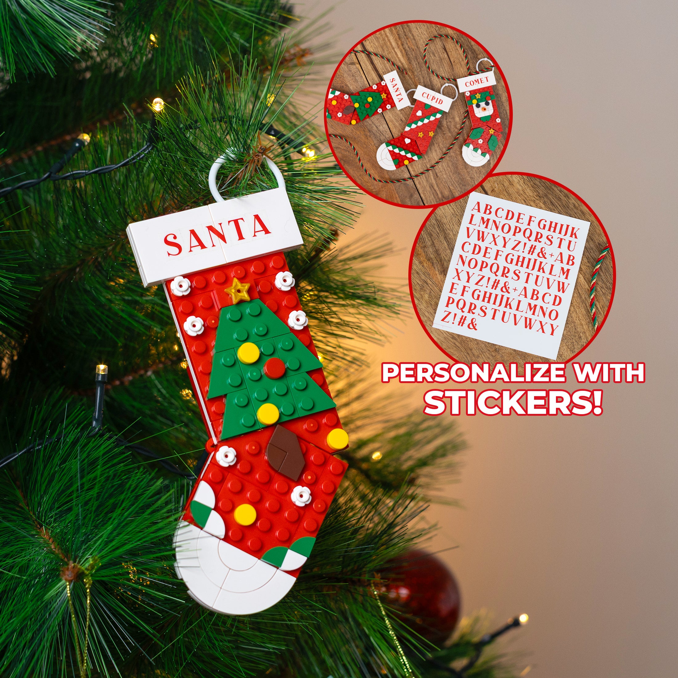Christmas stocking ornament with customizable stickers on a tree