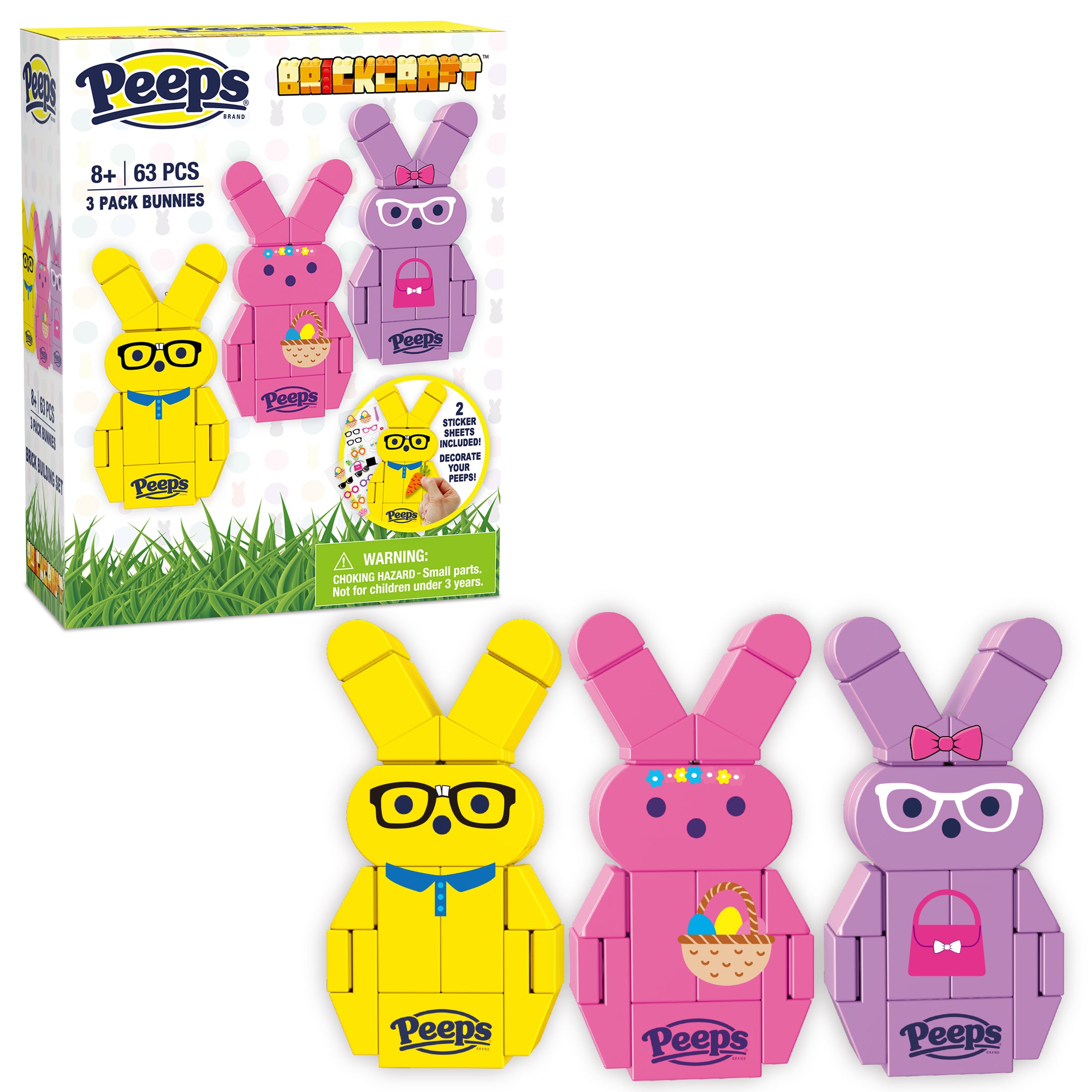 Brickcraft x Peeps 3-Pack Bunnies Building Set – Yellow, Purple, Pink
