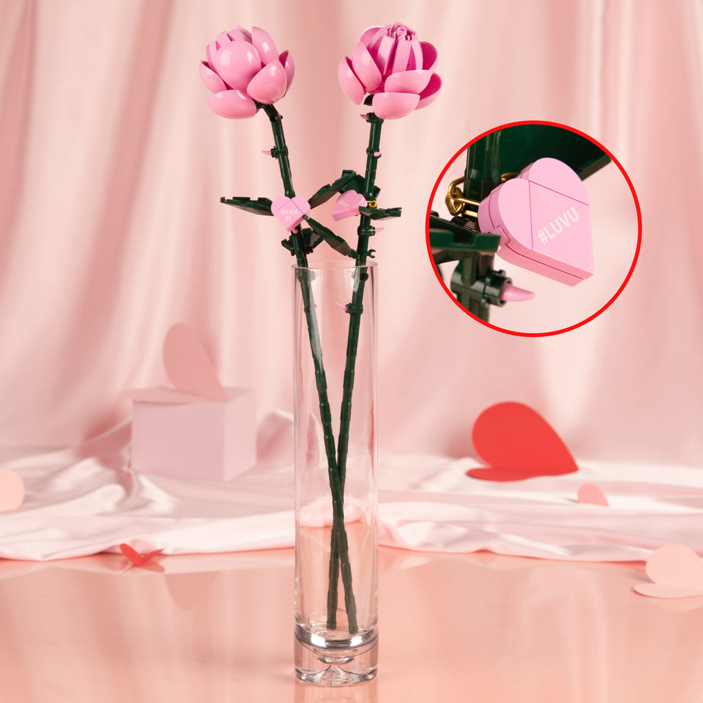 Flower Building Set Pink Roses Bricktanicals Pink Long Stem Rose Brick Building Set – 102 Piece Kit ...