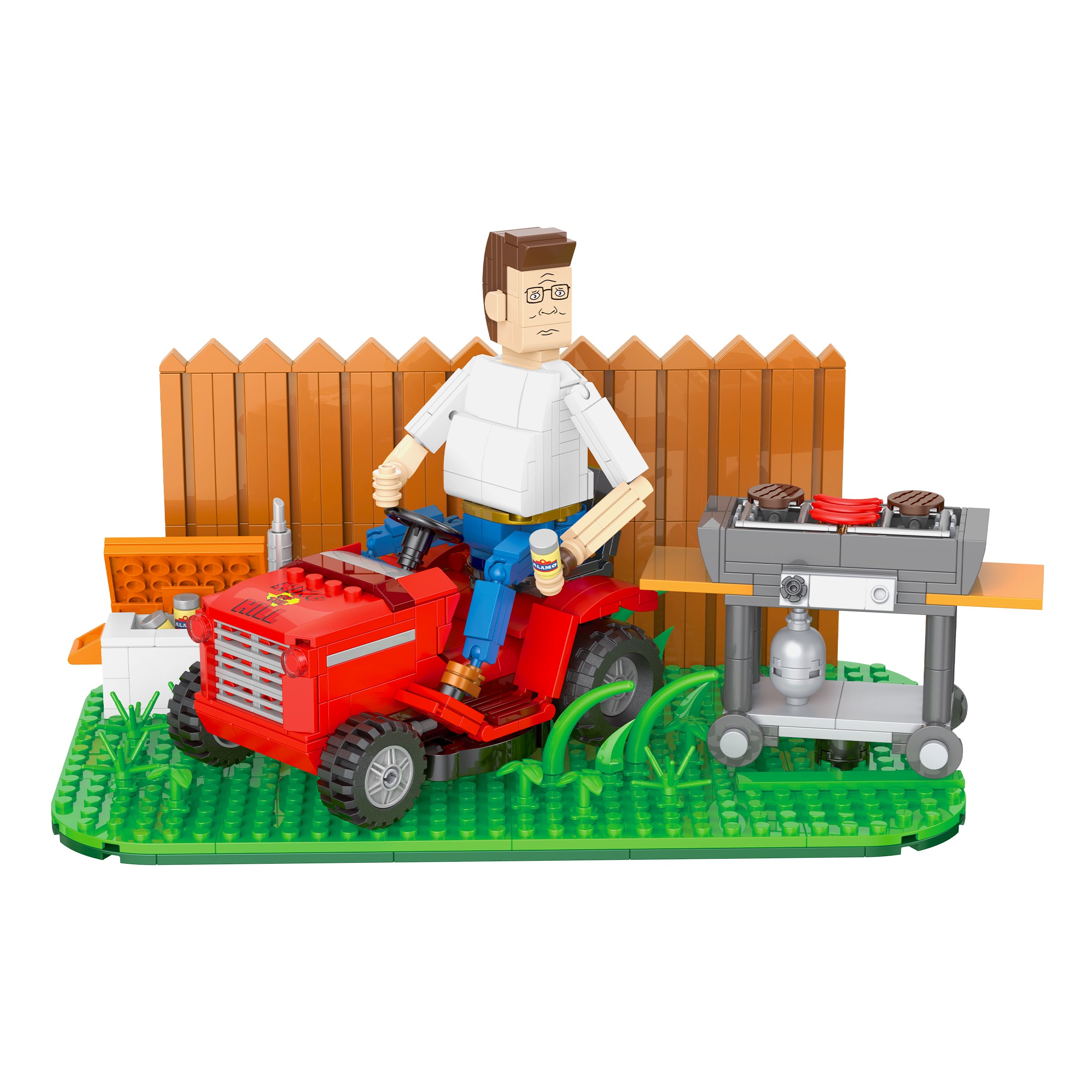 Toy set with a man on a red tractor and a grill on a white background