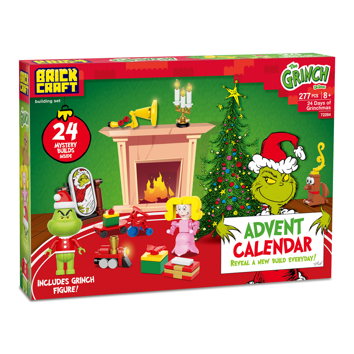 Brick Craft Grinch Advent Calendar packaging with Christmas-themed elements and Grinch figure.