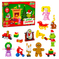 Brick Craft Grinch Advent Calendar with various Christmas-themed building blocks and figures.