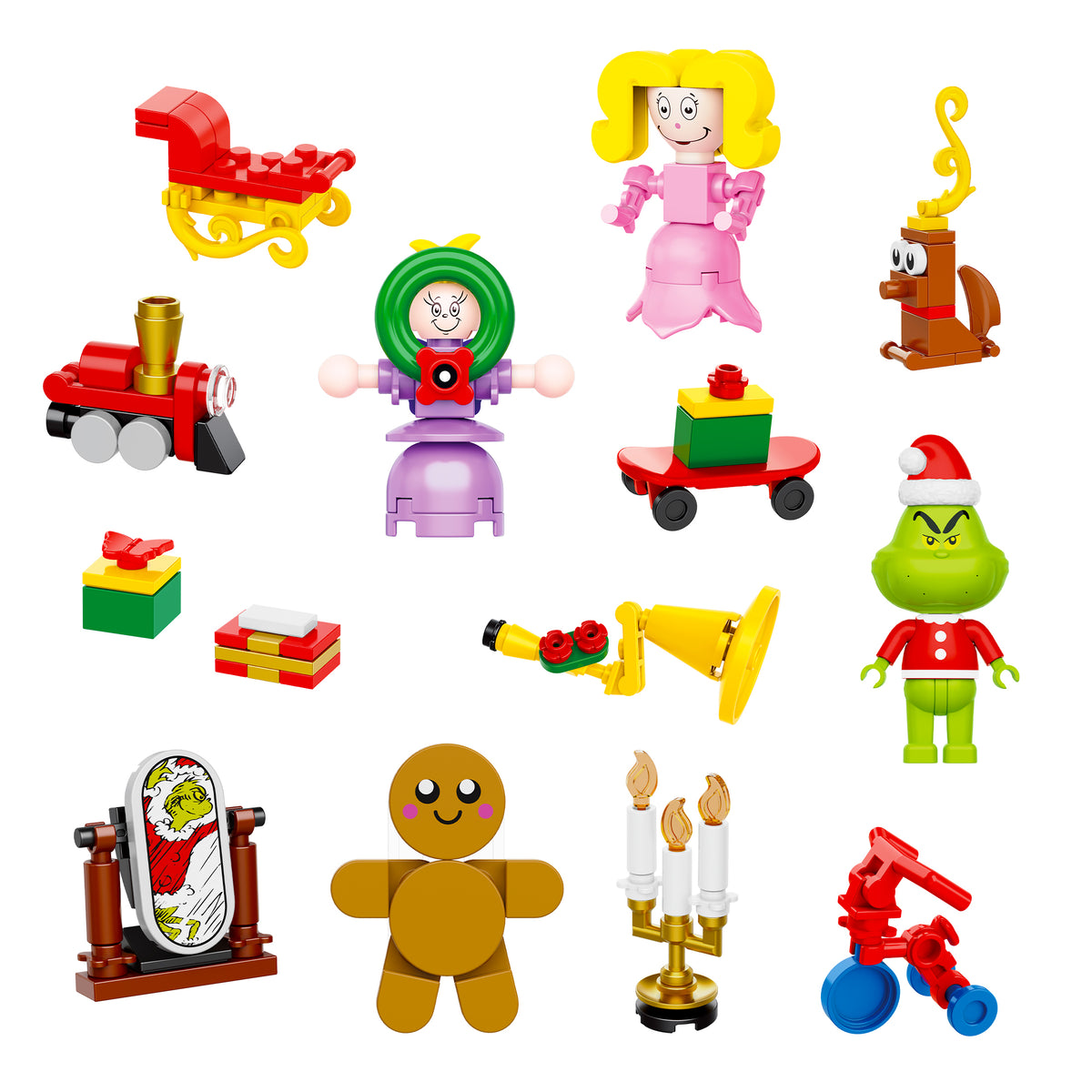 Collection of colorful toy figures on a white background