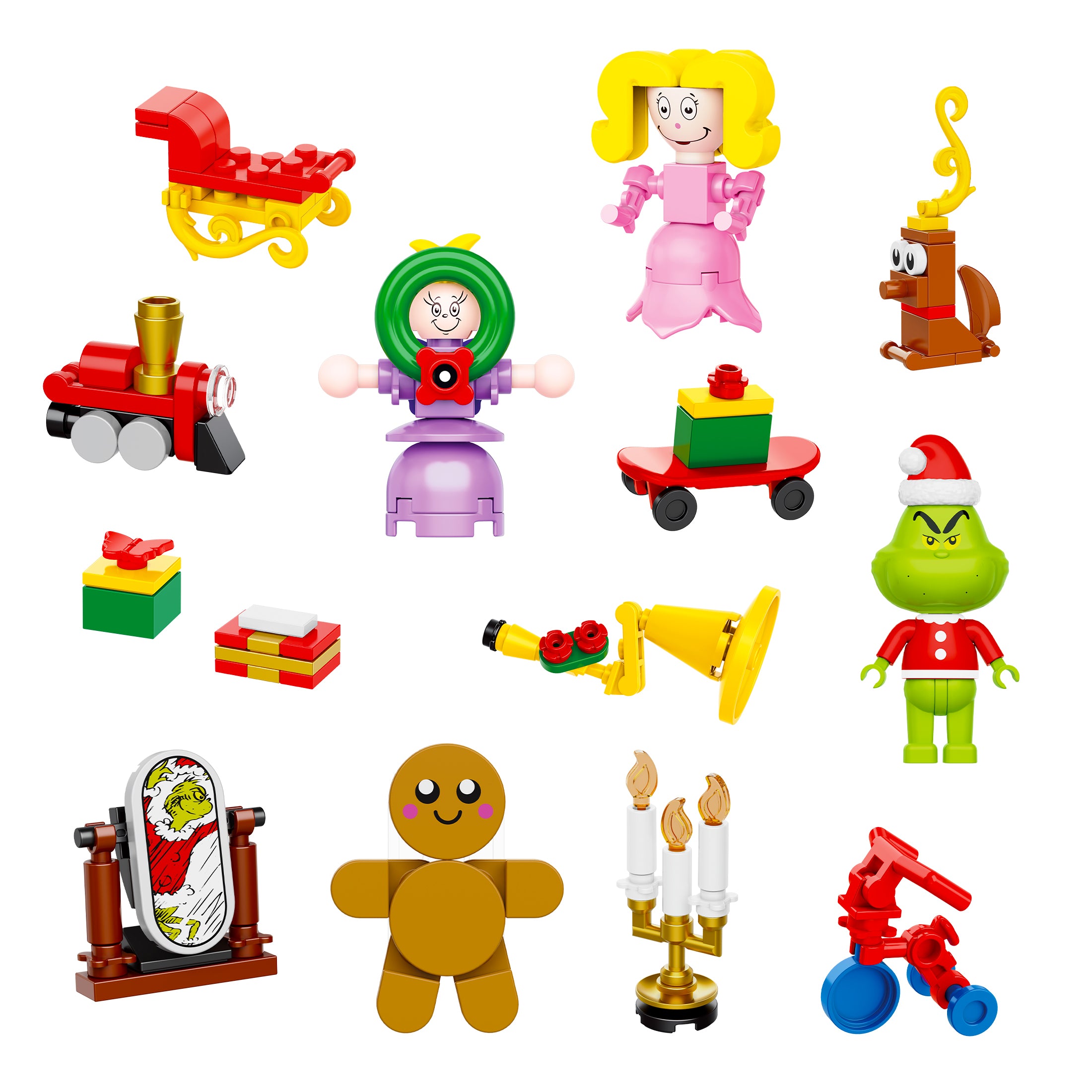 Collection of colorful toy figures on a white background