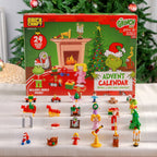 Brickcraft Grinch Advent Calendar with mini figures on a white surface, Christmas tree in the background.