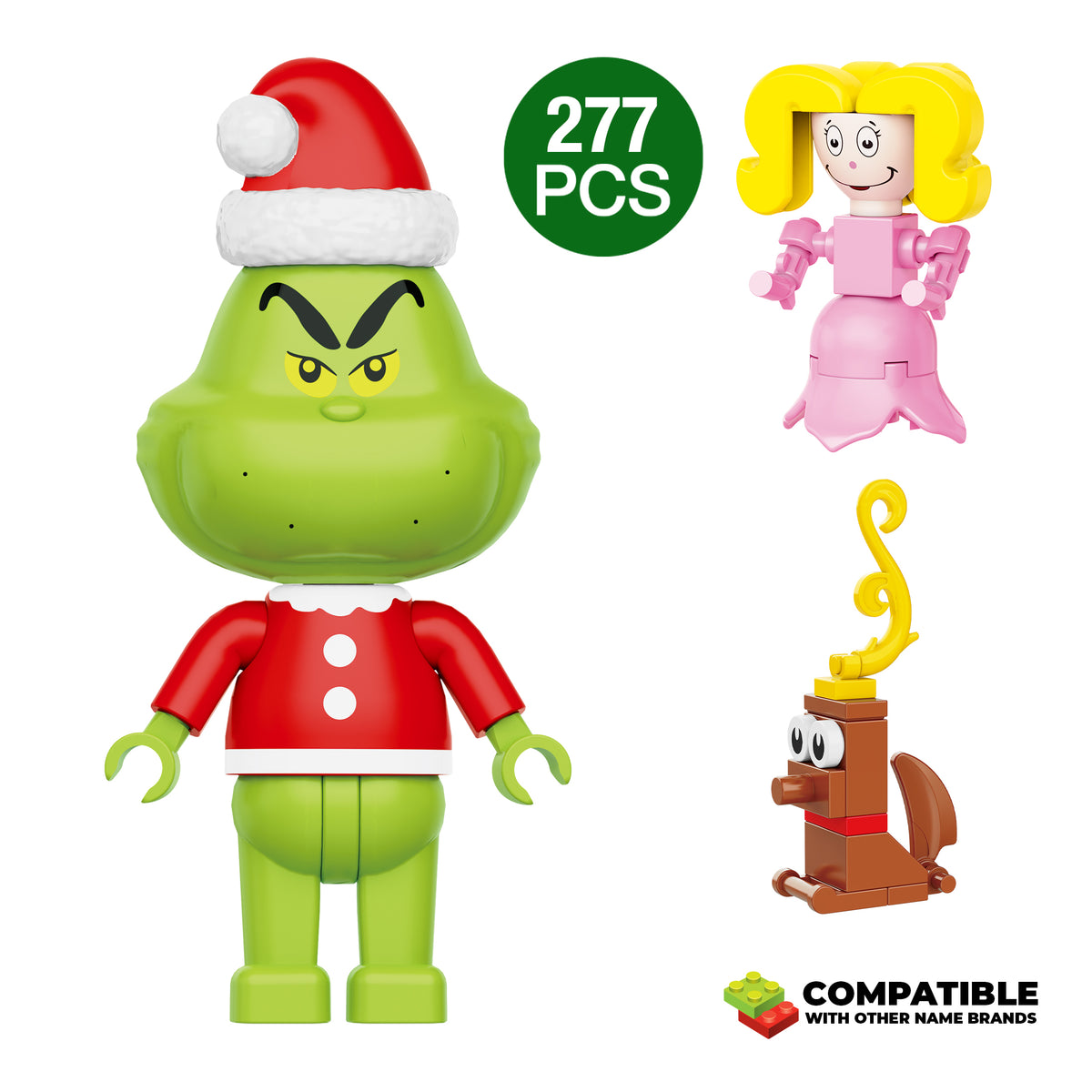 Toy figures including The Grinch, Cindy Lou Who, and Max the dog with 277 pieces on a white background.