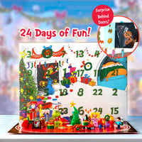 The Grinch advent calendar with colorful figures and '24 Days of Fun!' text, showing a blurred festive background.