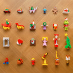 Collection of colorful toy figures on a wooden surface