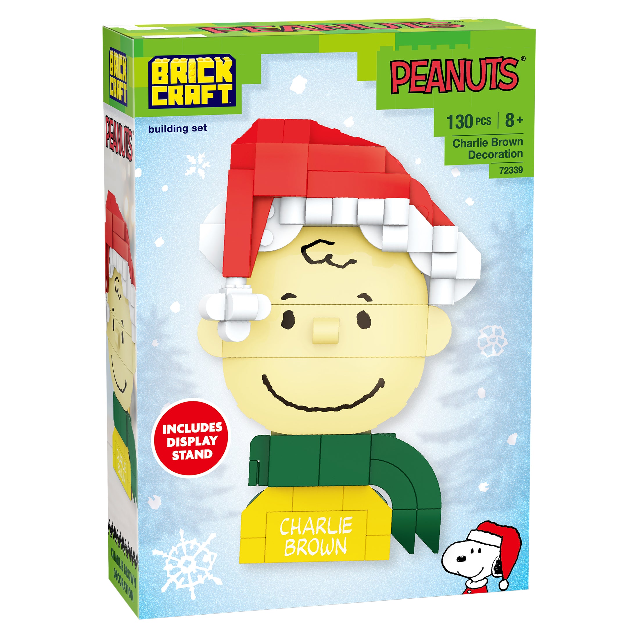Brickcraft Peanuts Charlie Brown building set packaging with Christmas-themed design