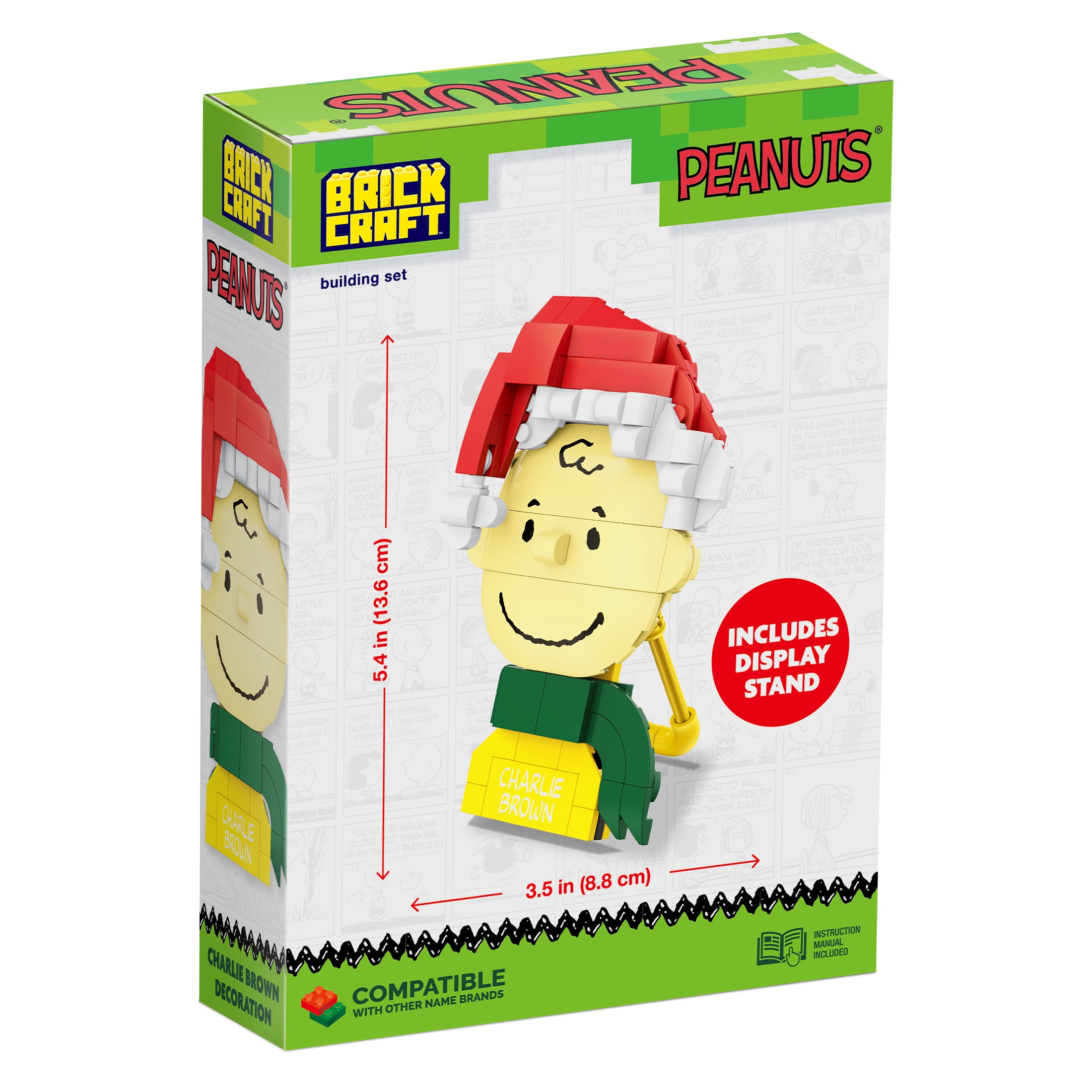 Boxed building set from Brickcraft featuring Charlie Brown from Peanuts with dimensions and display stand information.