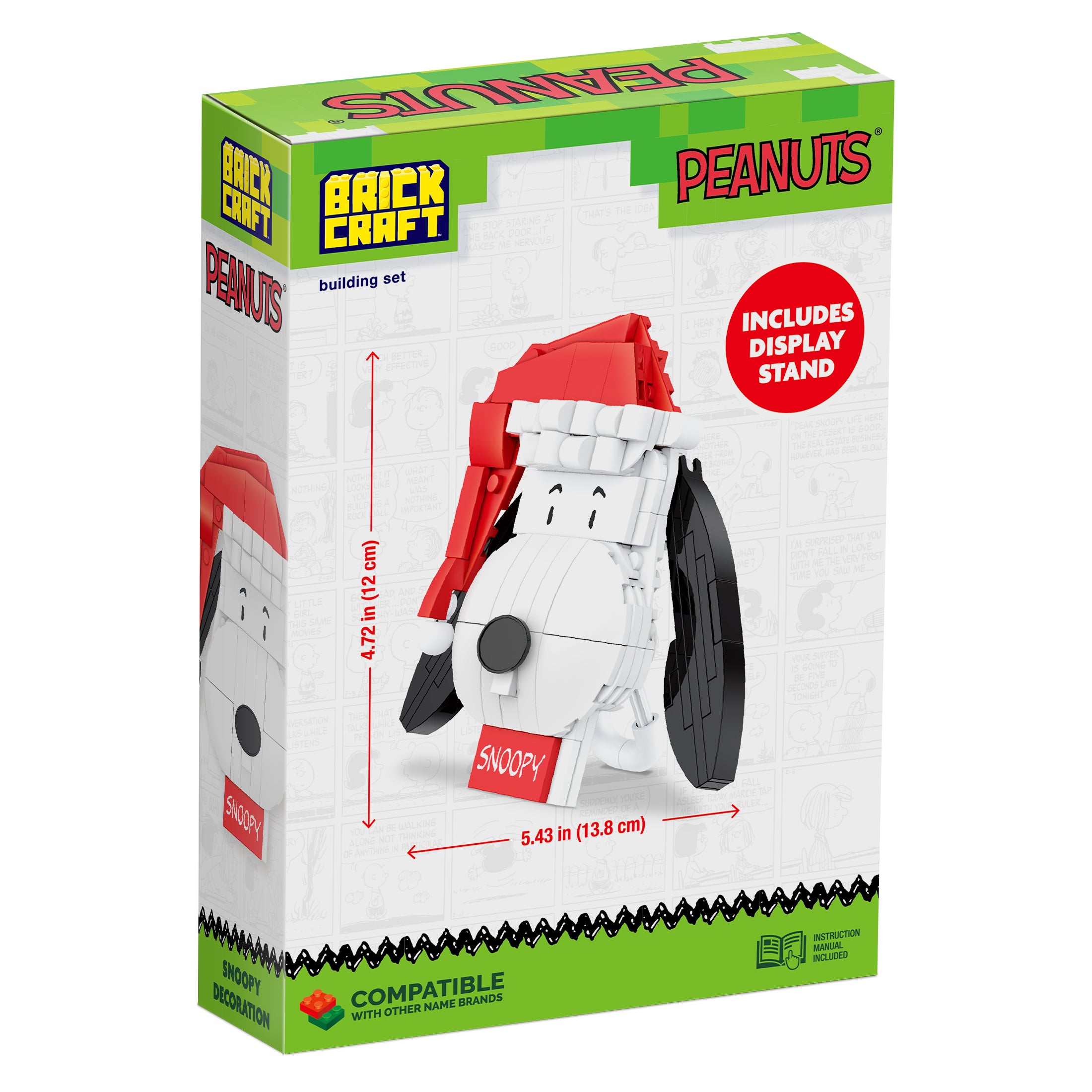 Box of Brickcraft Peanuts Snoopy building set with display stand on a white background