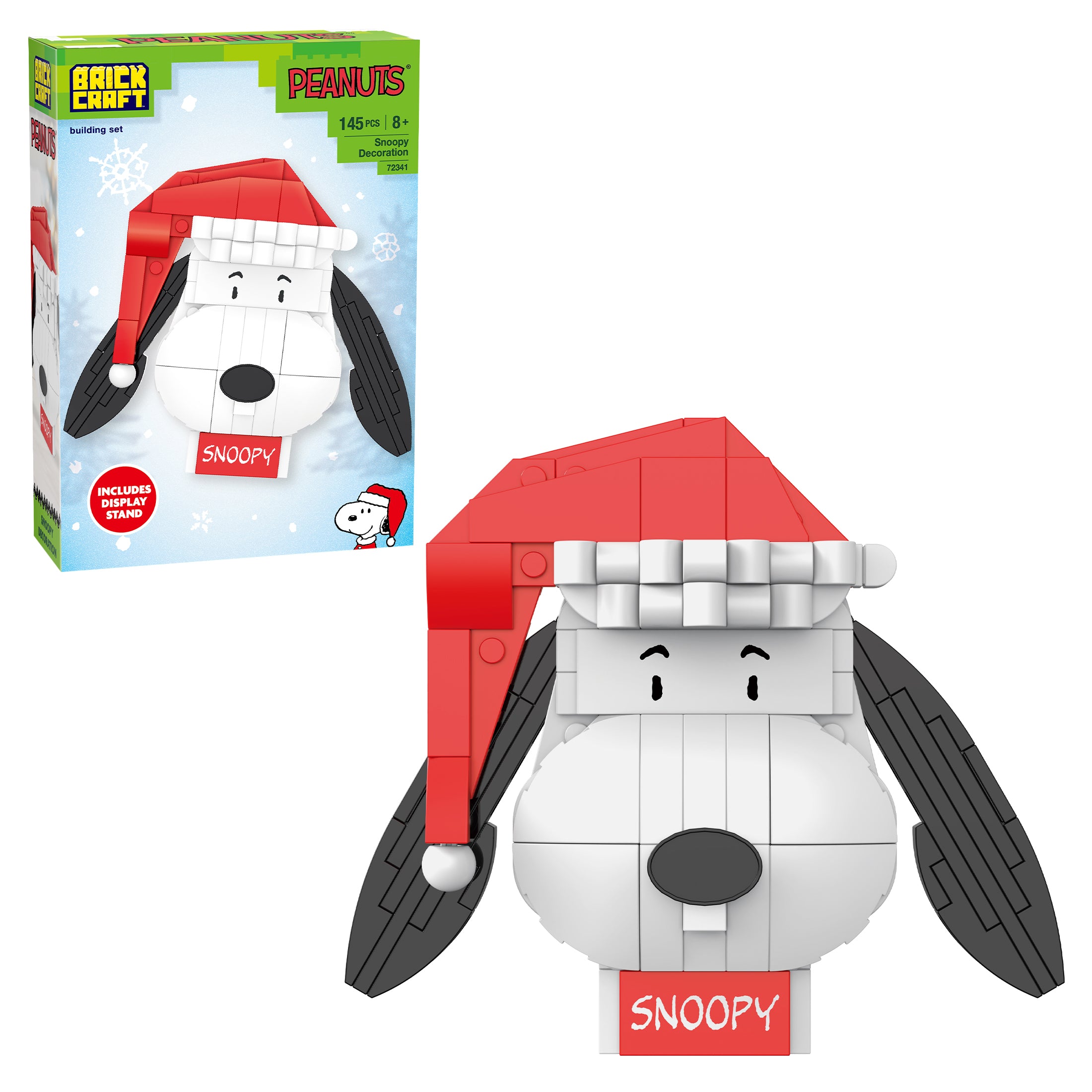 Snoopy building set with a red hat next to its packaging
