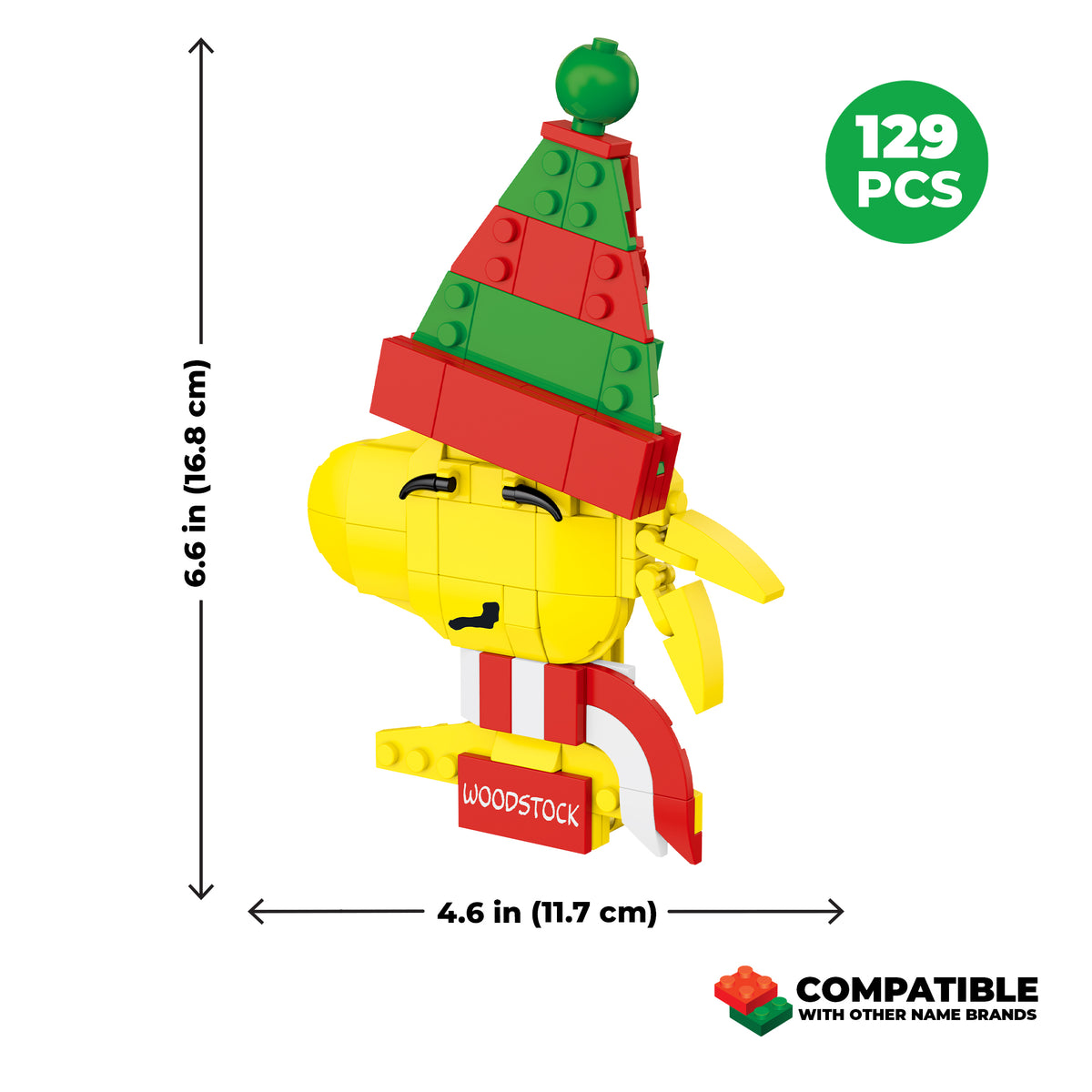 Toy figure with a Christmas hat, dimensions, and compatibility information on a white background
