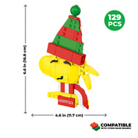 Toy figure with a Christmas hat, dimensions, and compatibility information on a white background