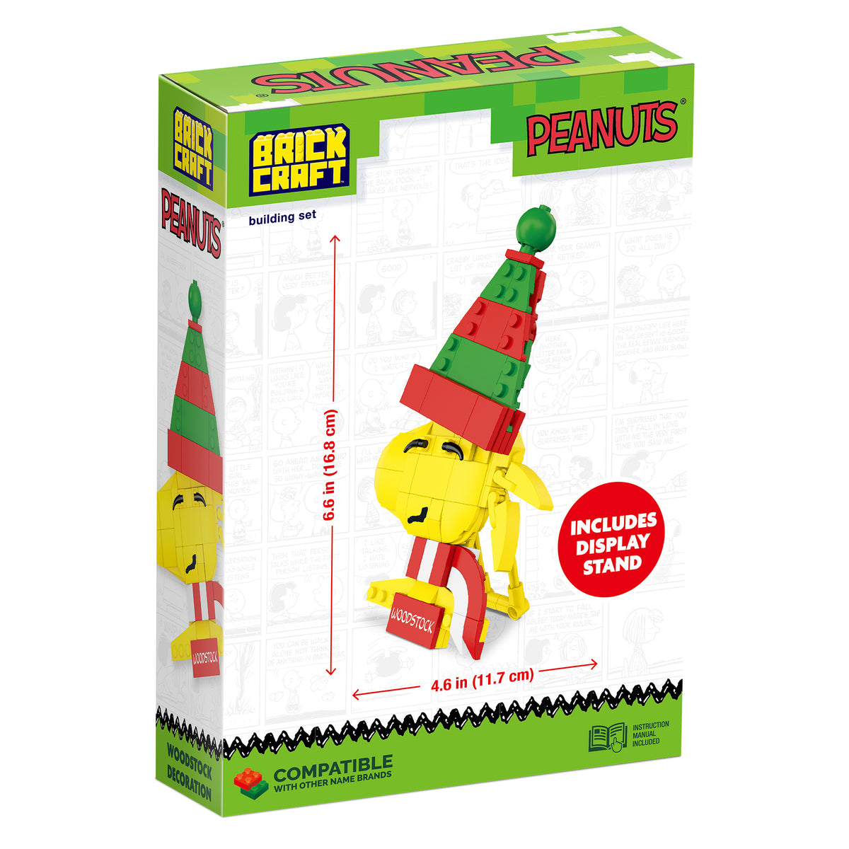 Brickcraft Peanuts building set packaging with Woodstock figure and green and red hat