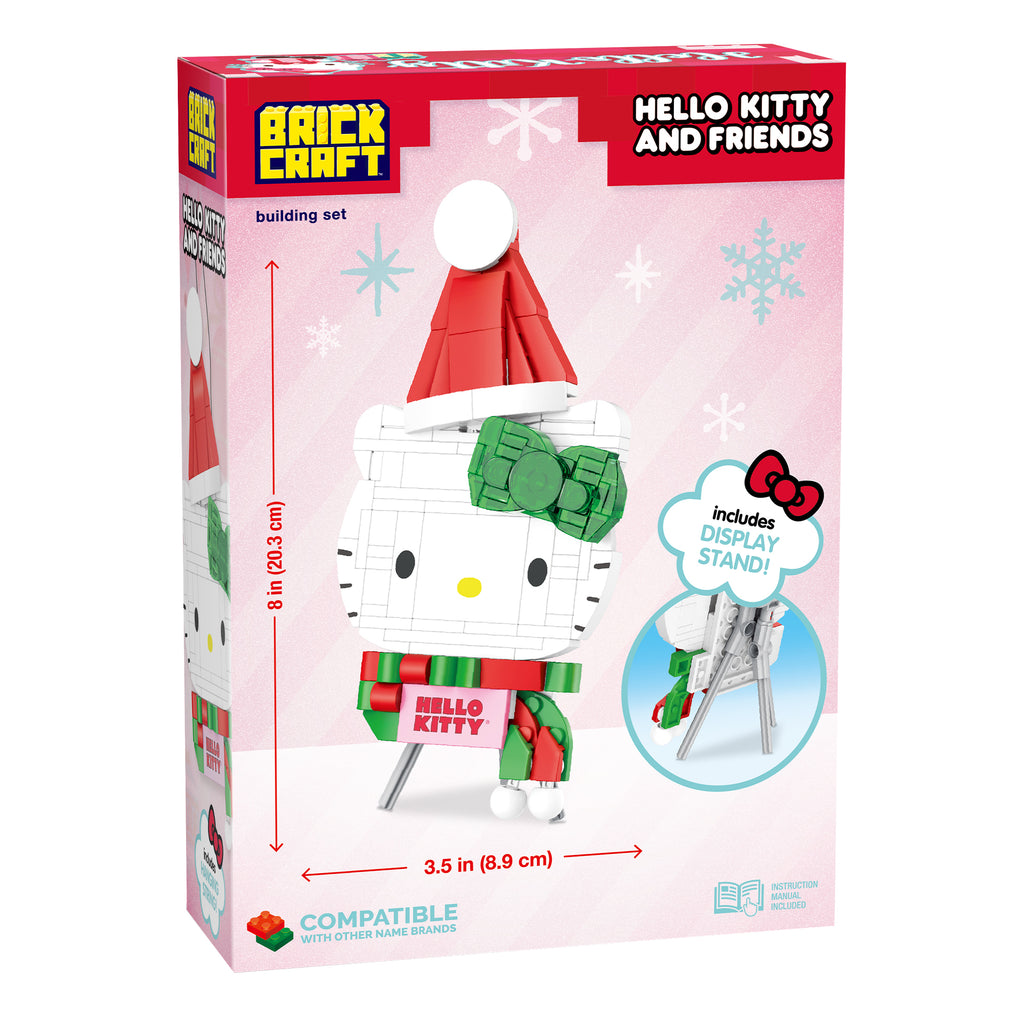 Boxed building set of Hello Kitty in a Santa hat with measurements and display stand information.