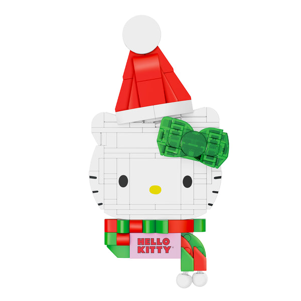 Christmas-themed Hello Kitty figure with a red hat and green bow on a white background