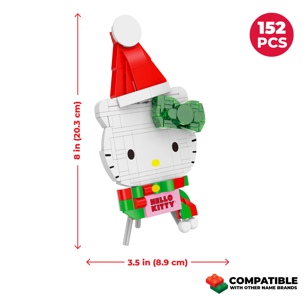 Christmas-themed Hello Kitty figure with measurements and compatibility information on a white background