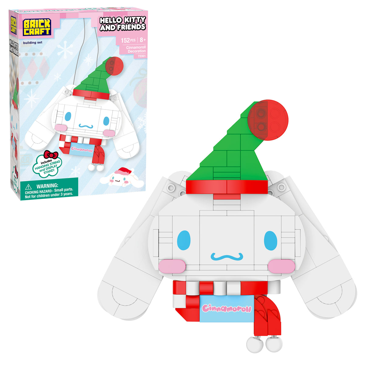 Brick Craft building set of Cinnamoroll with a green hat and red accents, next to its packaging.
