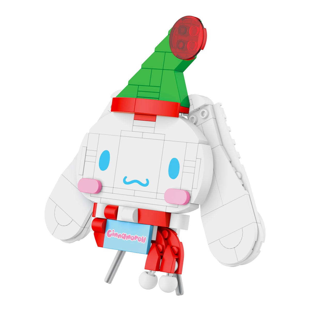 Toy figure of a character with a green hat and red accents on a white background