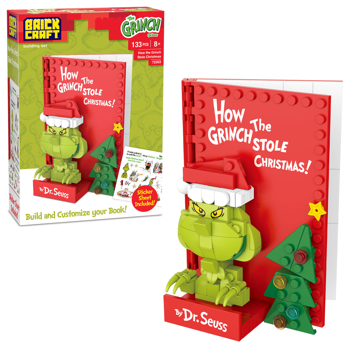 Plastic brick toy set inspired by 'How the Grinch Stole Christmas!' with packaging and toy model.