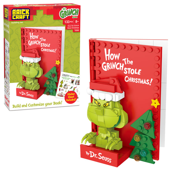 Plastic brick toy set inspired by 'How the Grinch Stole Christmas!' with packaging and toy model.