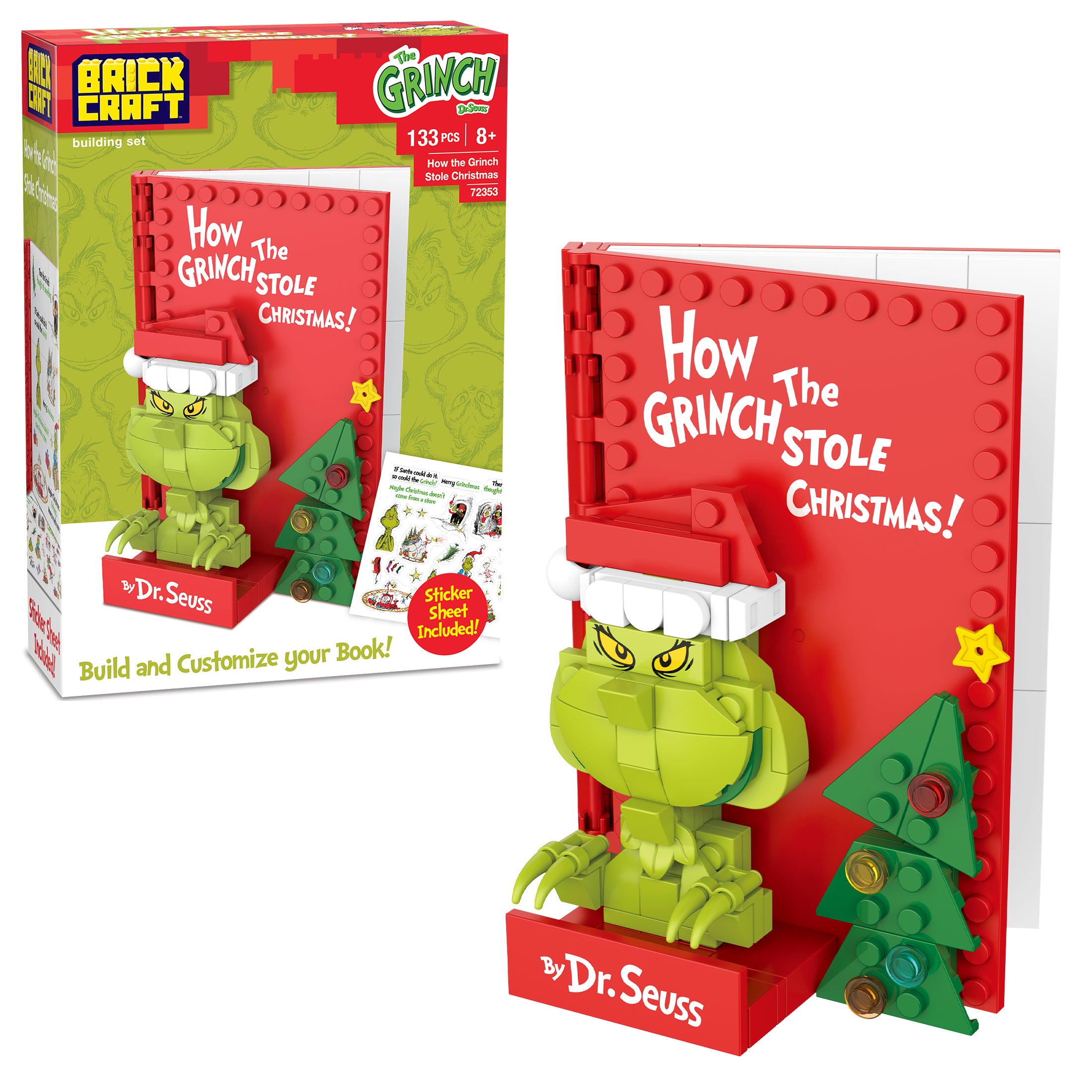 Plastic brick toy set inspired by 'How the Grinch Stole Christmas!' with packaging and toy model.