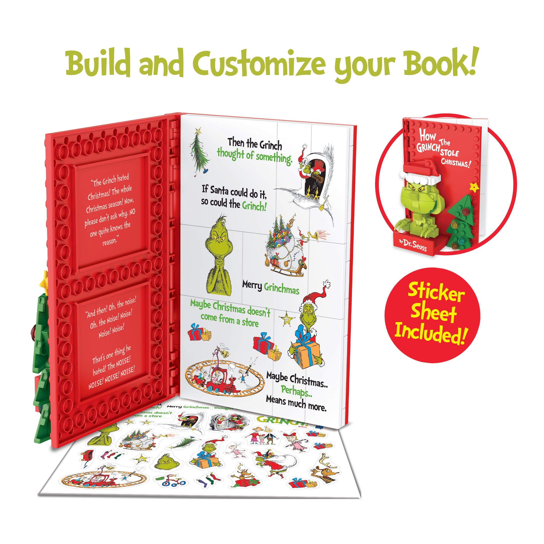Open book with Grinch illustrations and a sticker sheet, featuring text and graphics from 'How the Grinch Stole Christmas'.
