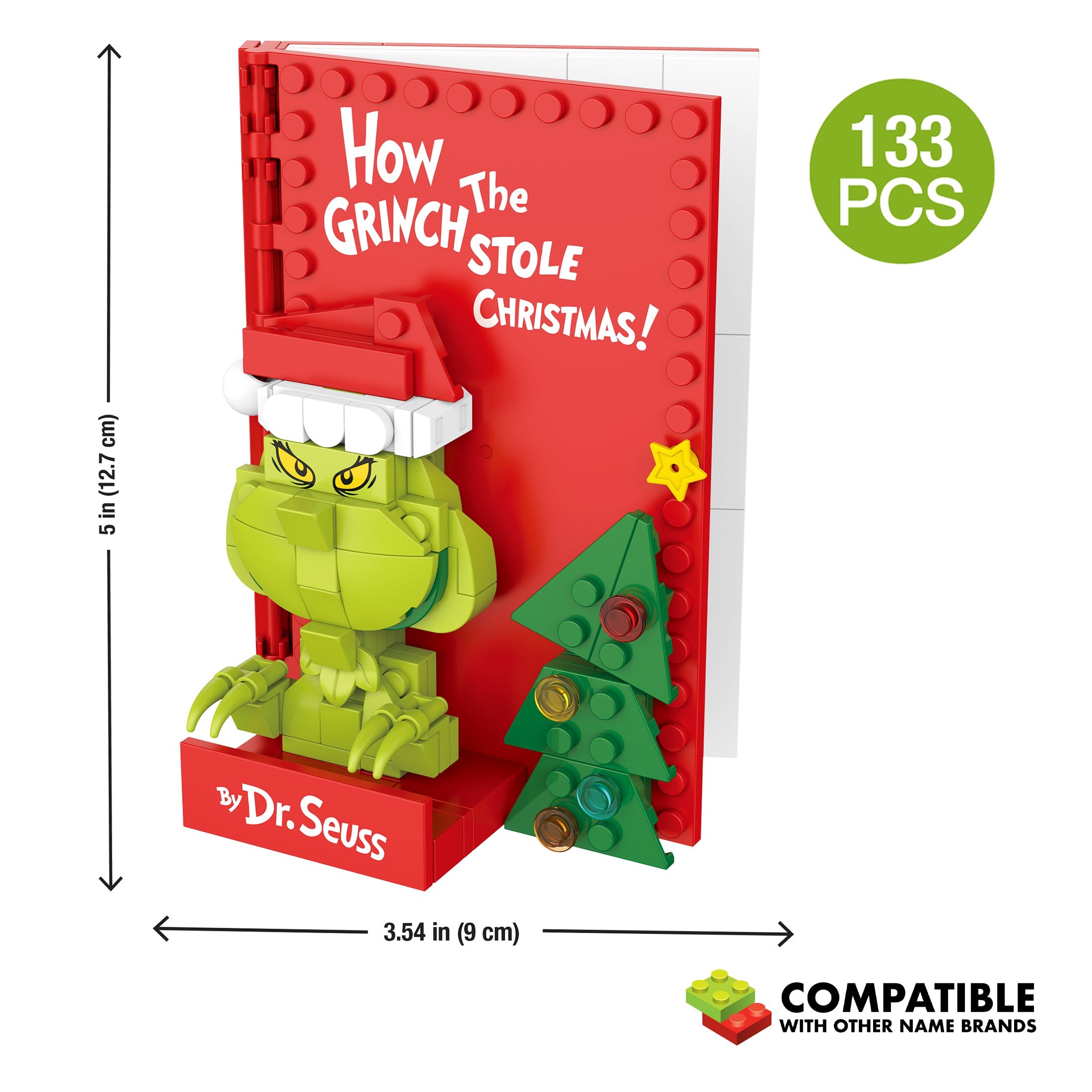 'How the Grinch Stole Christmas!' toy book with dimensions and piece count displayed.