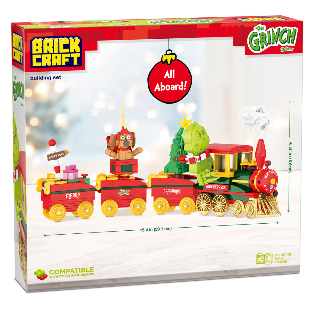 Brickcraft Grinch-themed toy train set packaging with Christmas decorations.