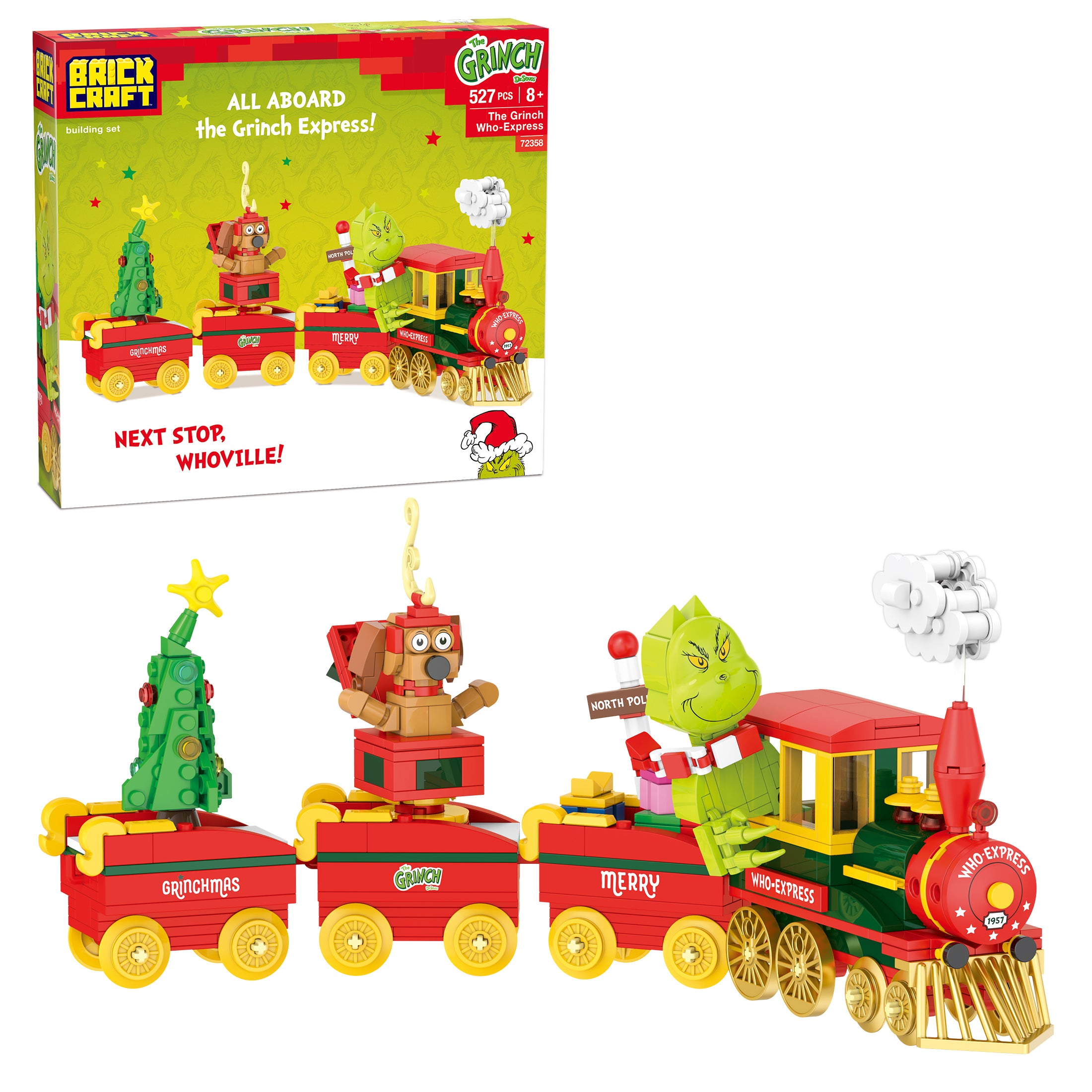 Toy train set with 'Grinch' characters in front of its packaging