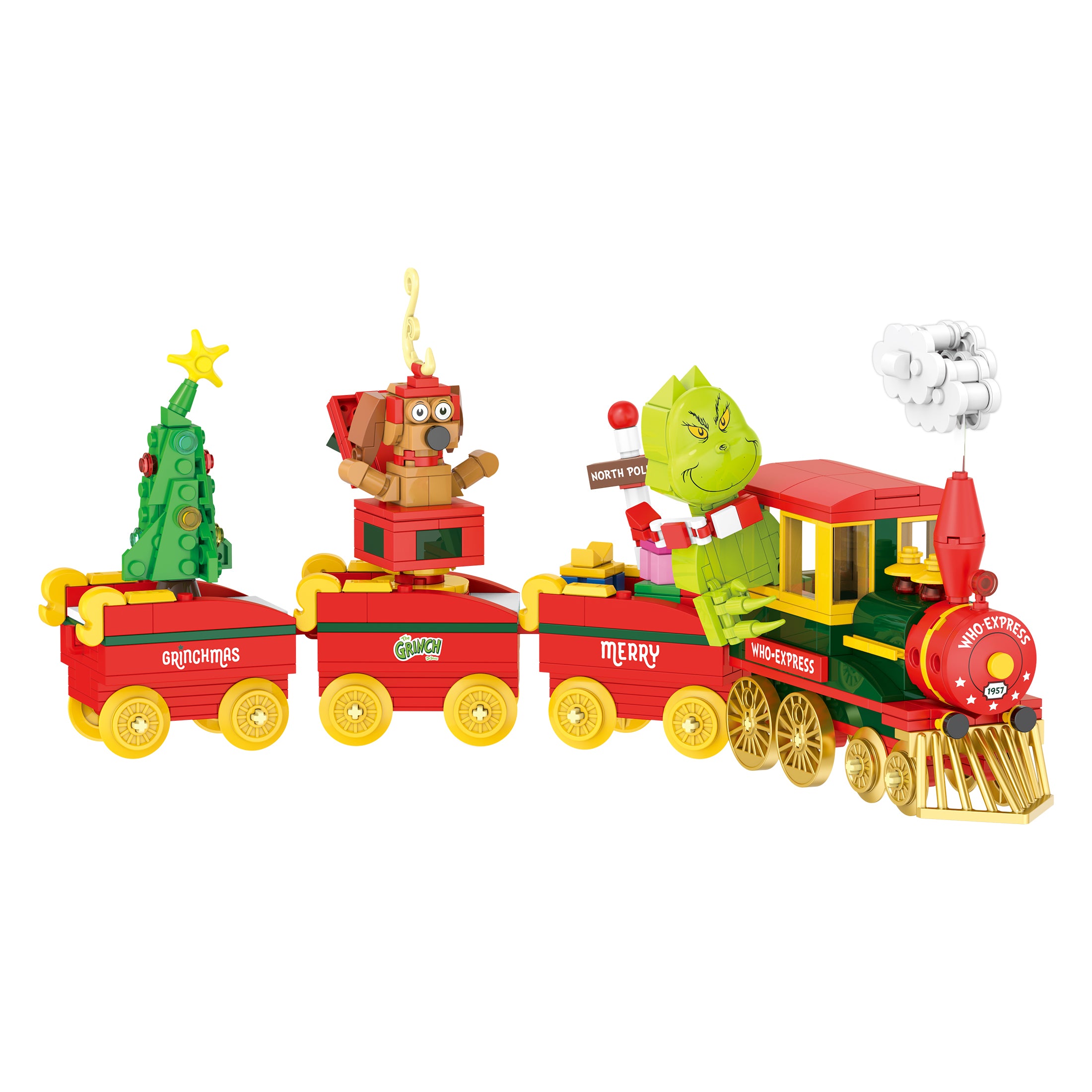 Toy train set with Christmas-themed decorations on a white background