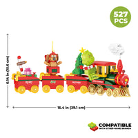Toy train set with dimensions and piece count on a white background