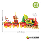 Toy train set with dimensions and piece count on a white background