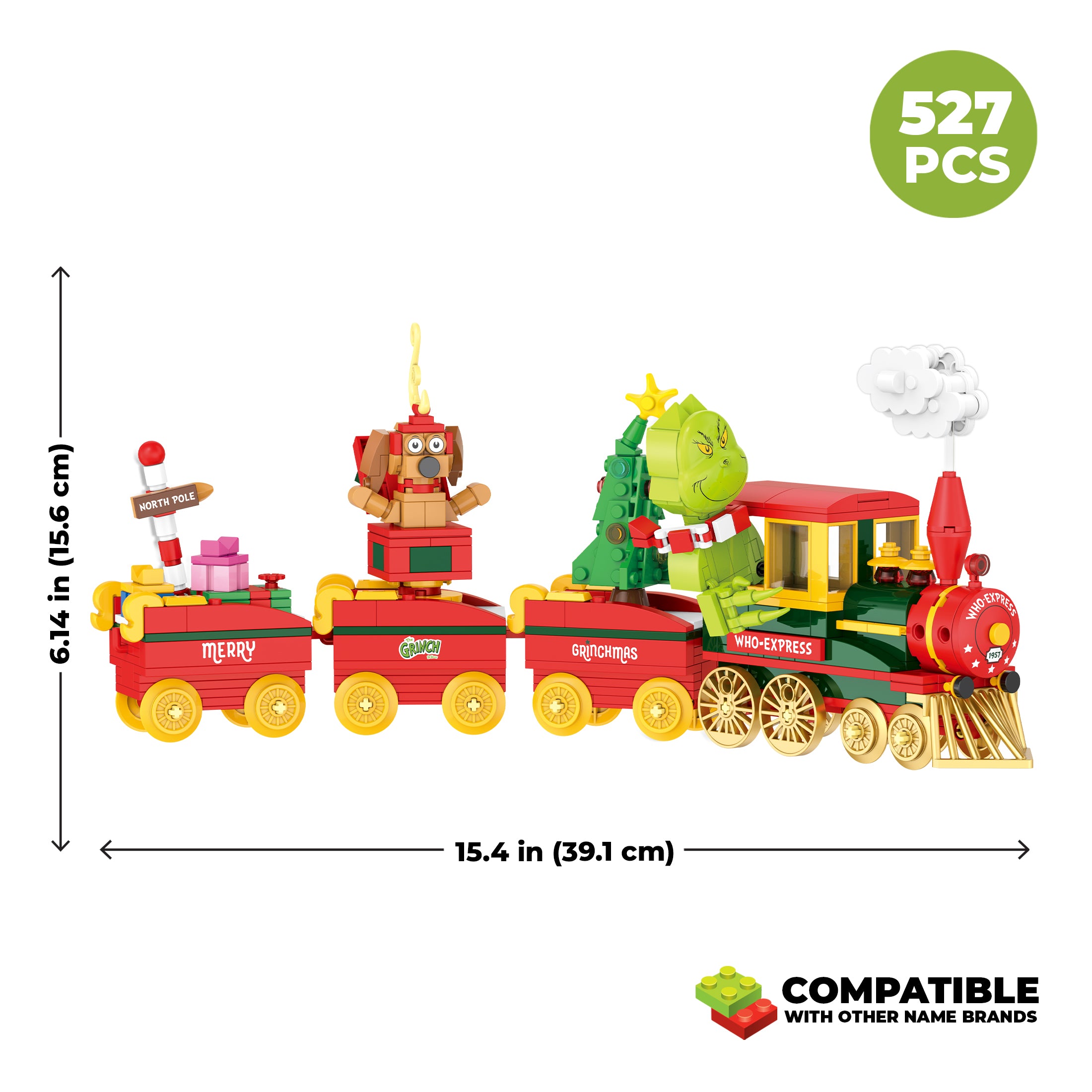 Toy train set with dimensions and piece count on a white background