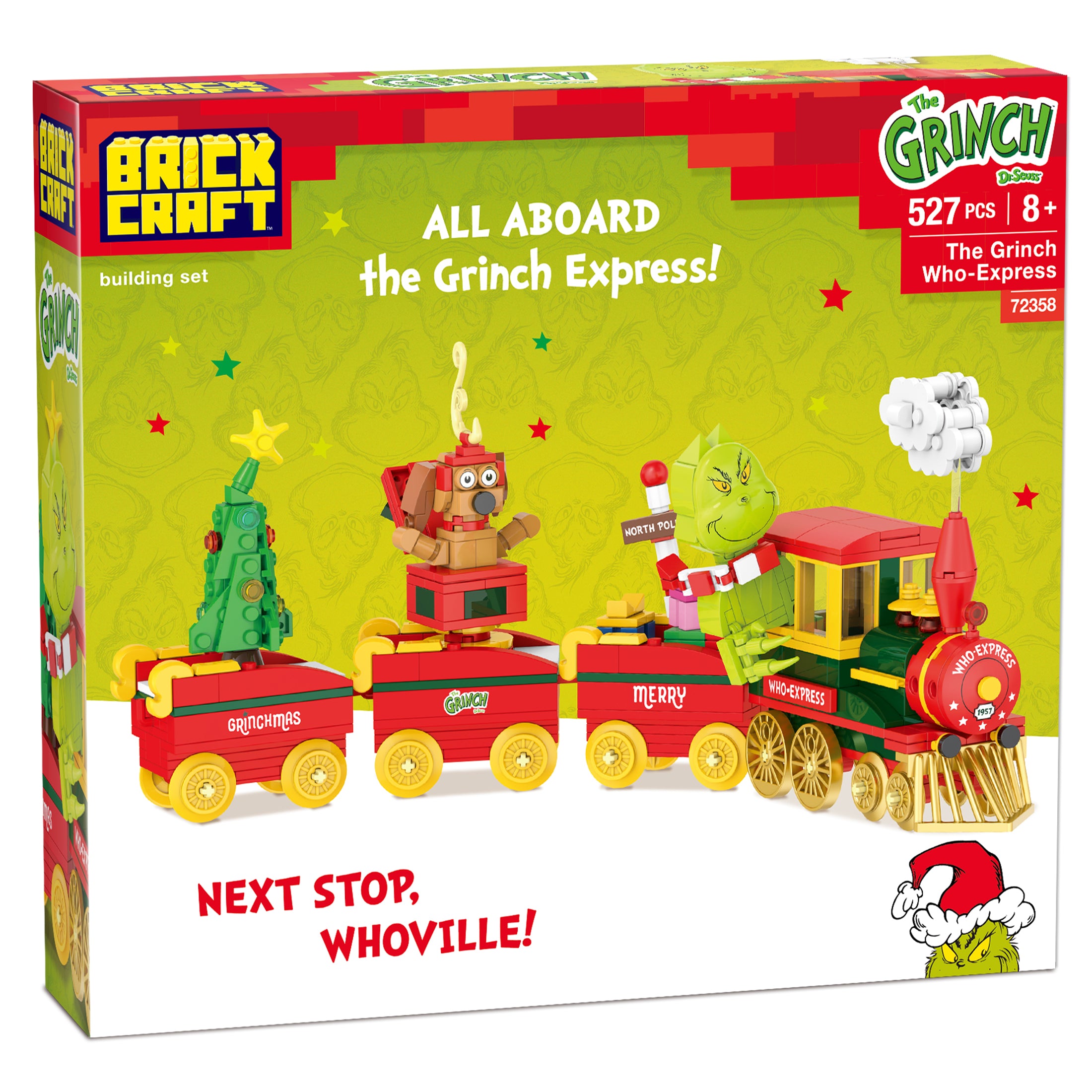 Brickcraft Grinch Express building set packaging with train and characters on a green background