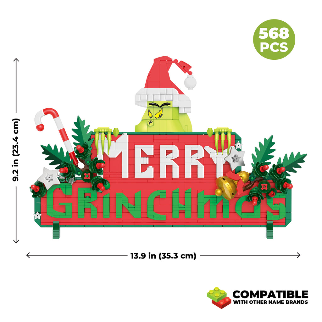 Christmas-themed building block set with Grinch design, dimensions, and compatibility information.