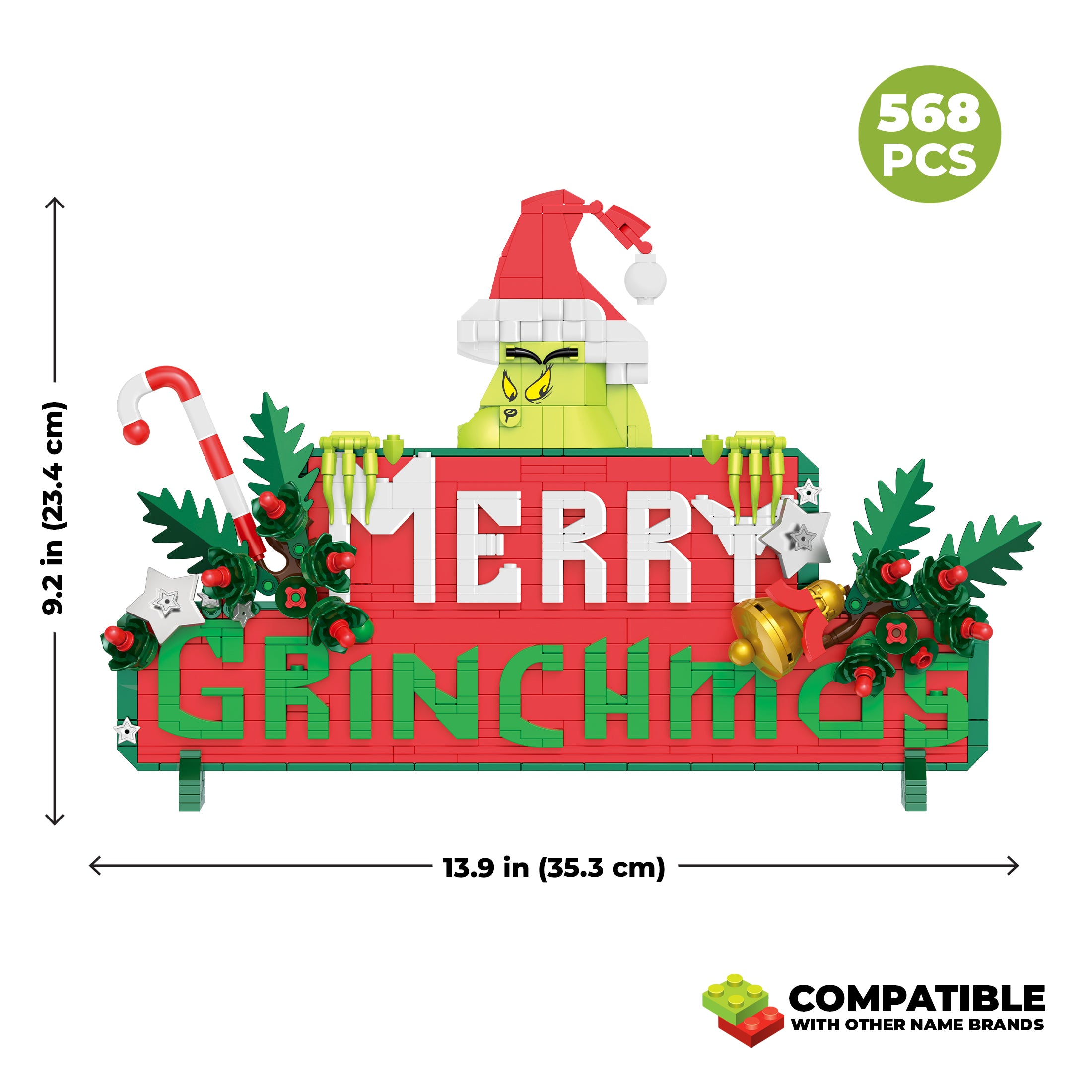 Christmas-themed building block set with Grinch design, dimensions, and compatibility information.