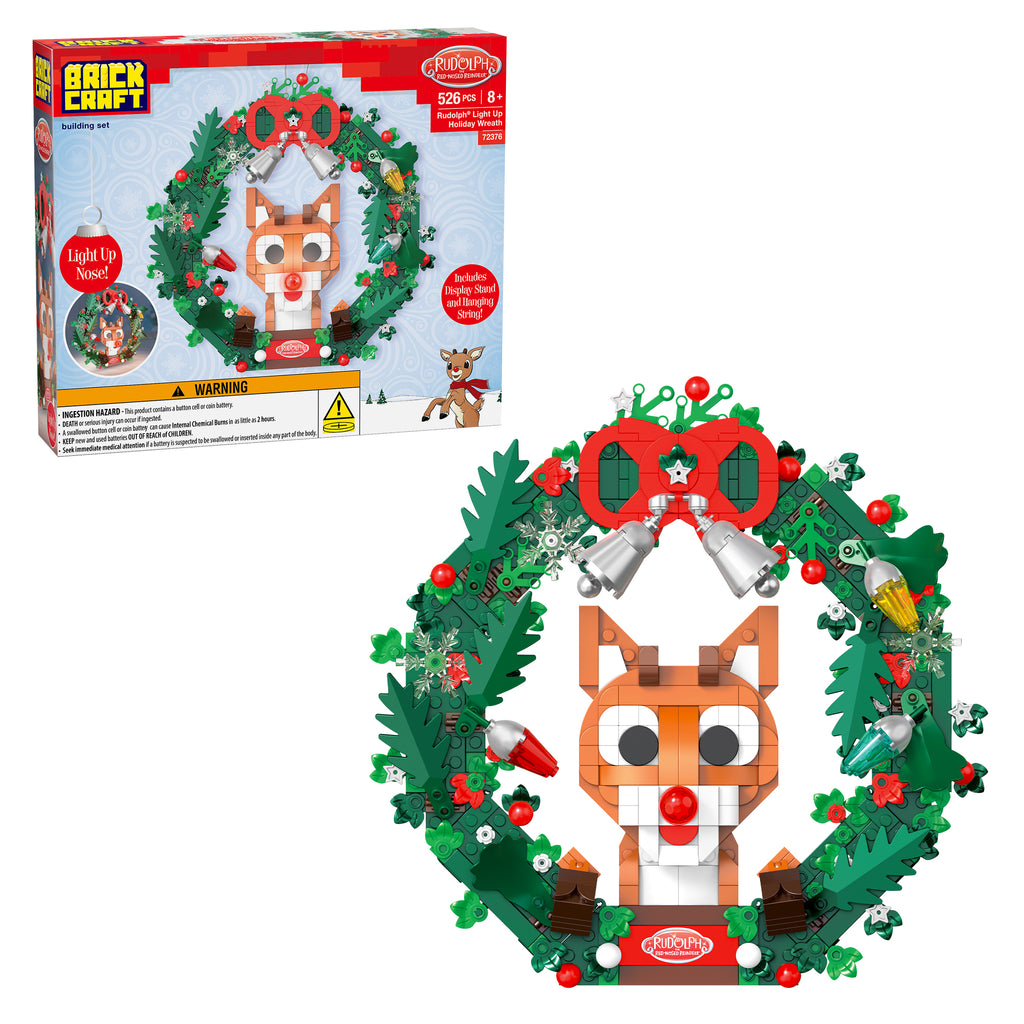 Christmas wreath with a Rudolph design and packaging on a white background