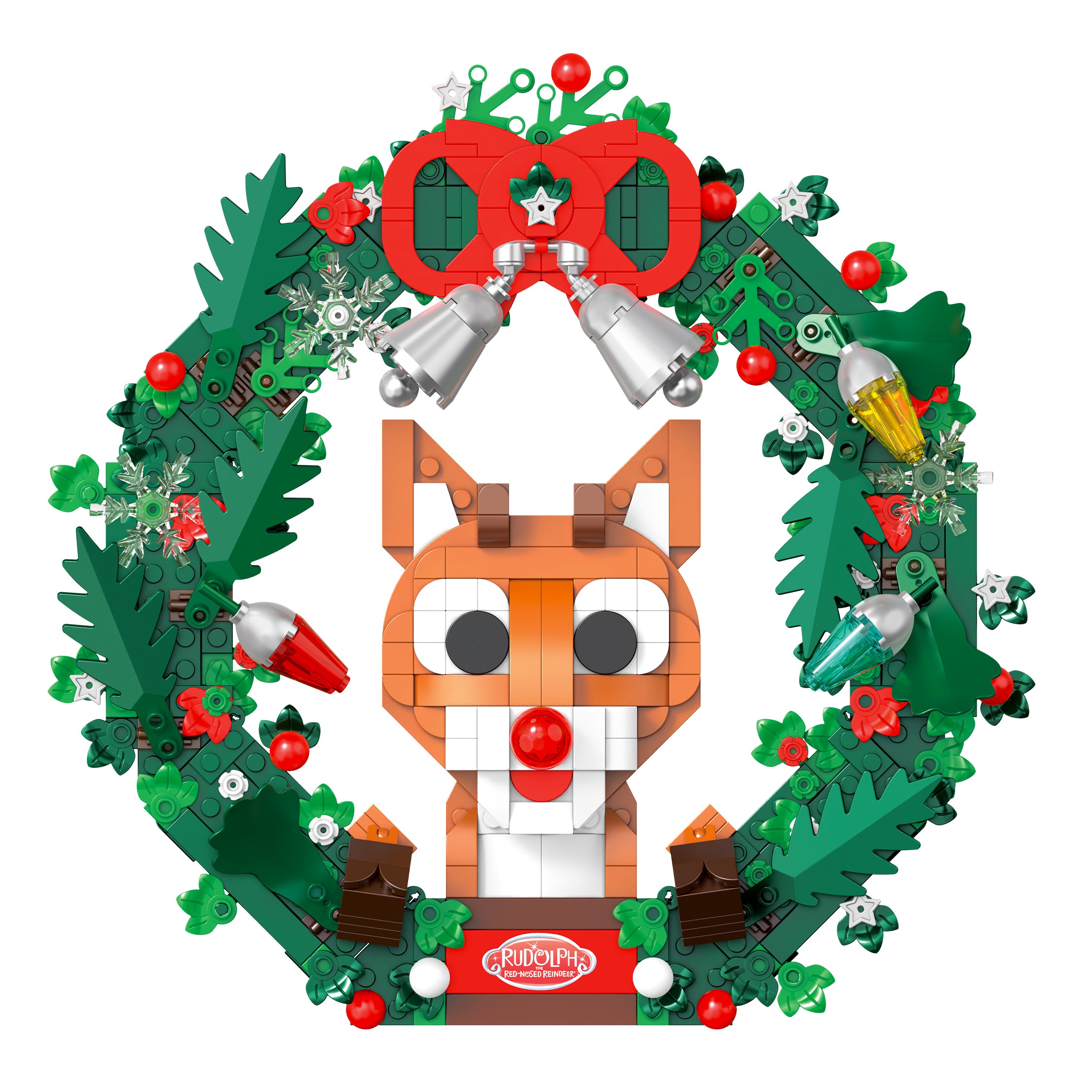 Christmas-themed wreath with a Rudolph design made of interlocking bricks on a white background