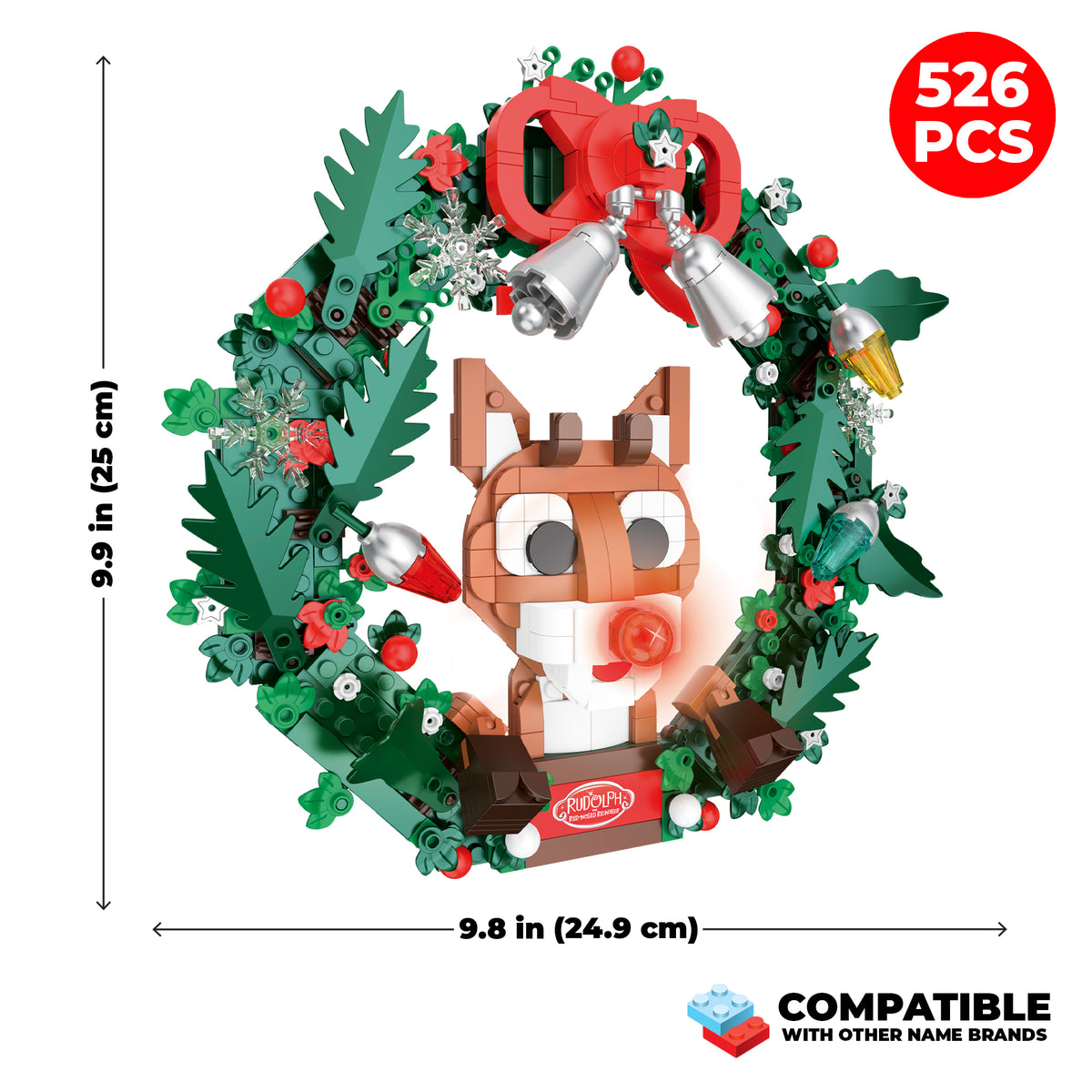 Christmas wreath with reindeer figure made of building blocks, showing dimensions and piece count.