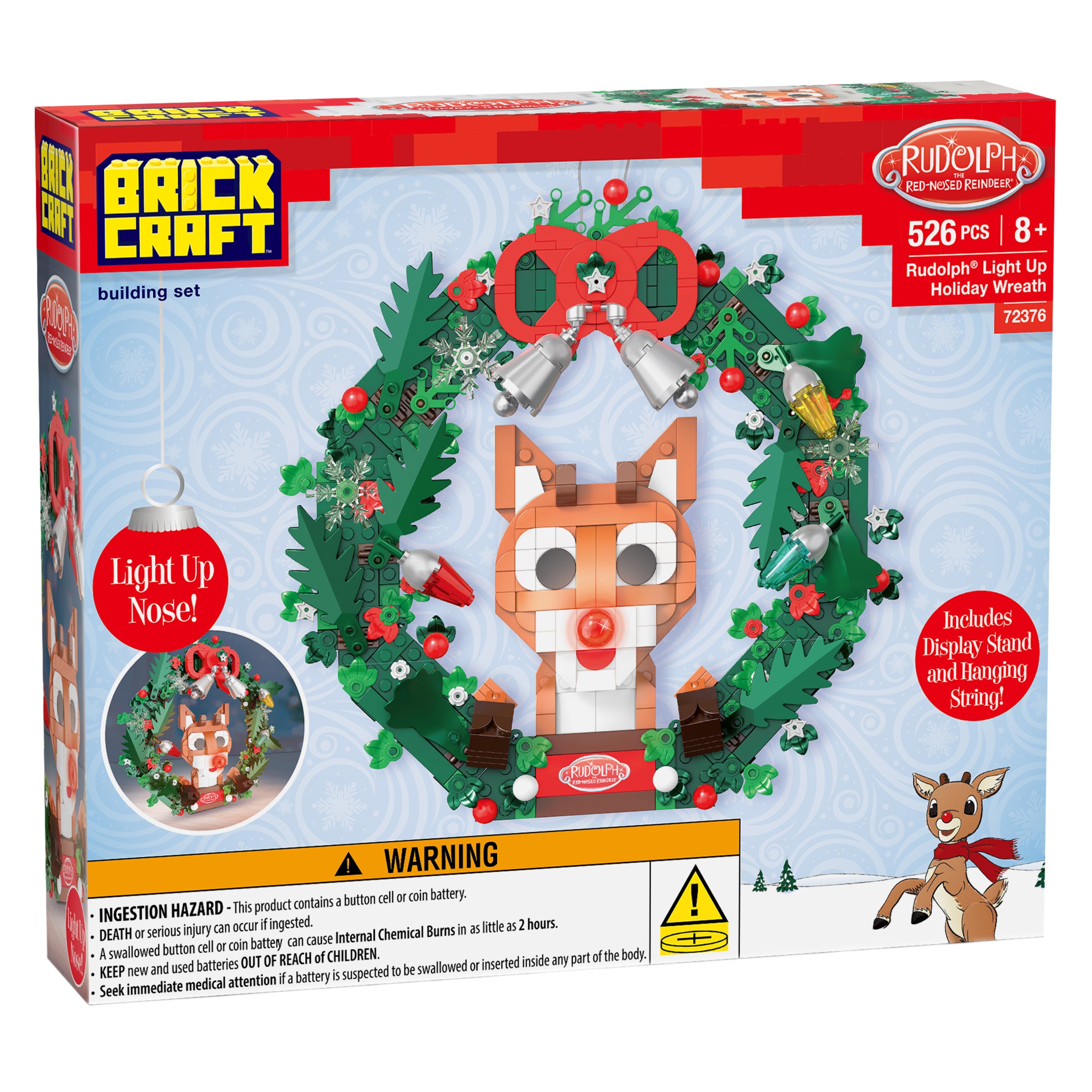 Box of Brick Craft building set featuring a Rudolph wreath with light-up nose and display stand.